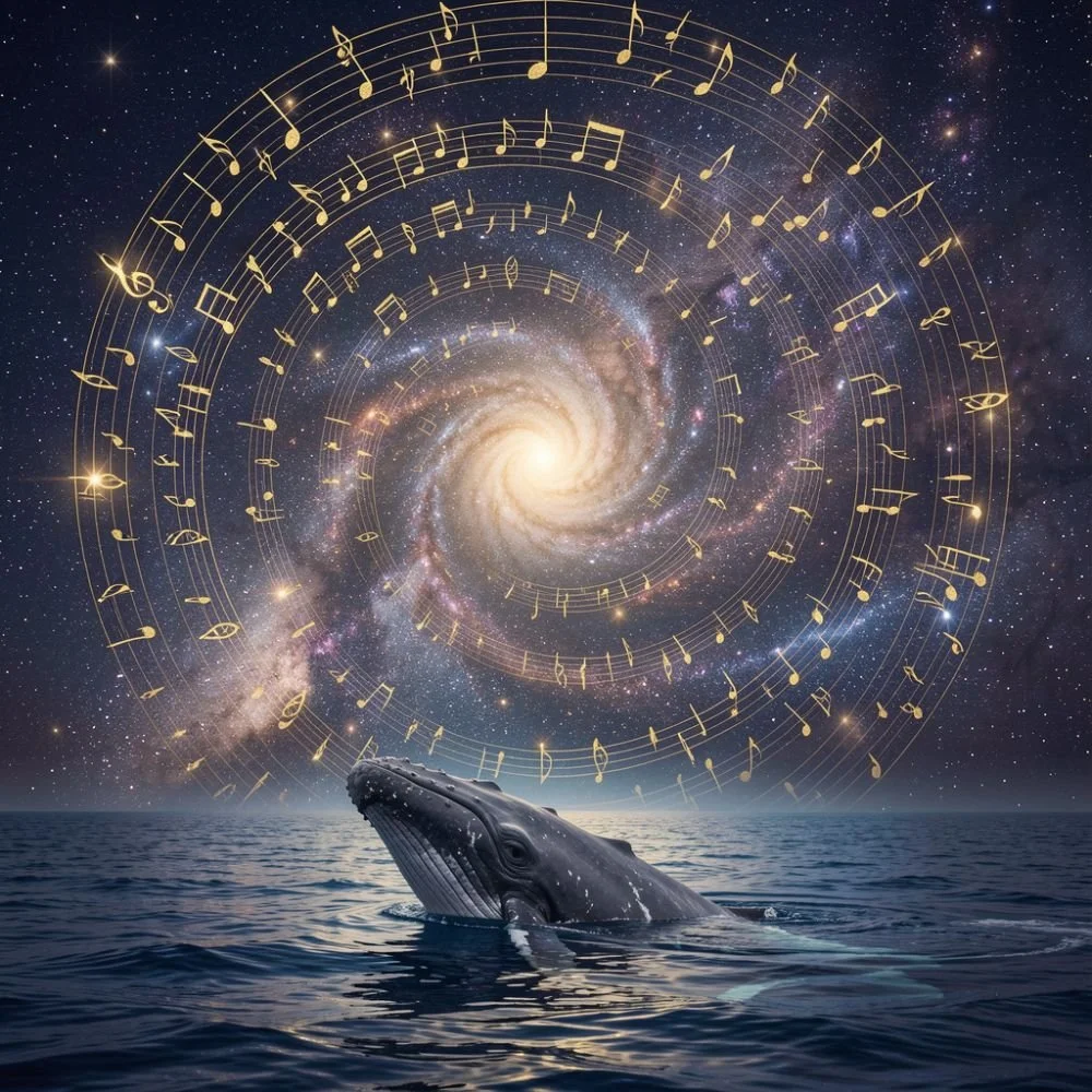 A whale emerging from the ocean with a galaxy and starry sky in the background. Golden musical notes and staff lines swirl around the galaxy in spiral patterns.