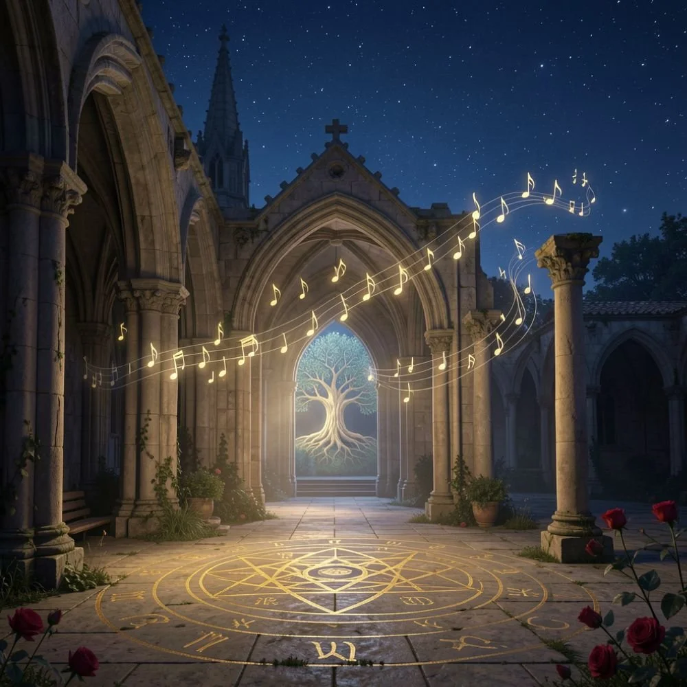 Ancient stone cathedral at night with musical notes glowing in the air and a glowing tree at the altar, with stars in the sky and a magical geometric pattern on the floor.