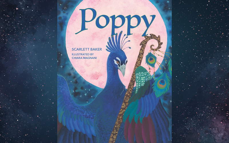 Poppy book cover, peacock with a walking stick
