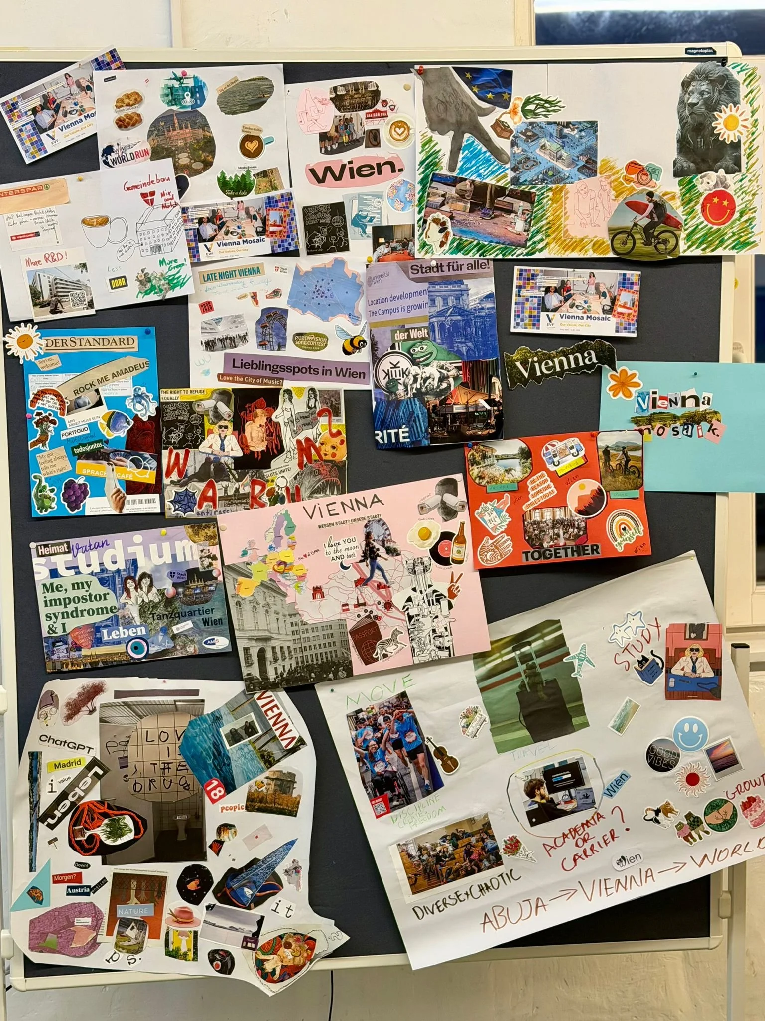 A collage of various photos, drawings, and notes about Vienna, Austria, including landmarks, cultural references, and travel information, pinned on a blackboard.
