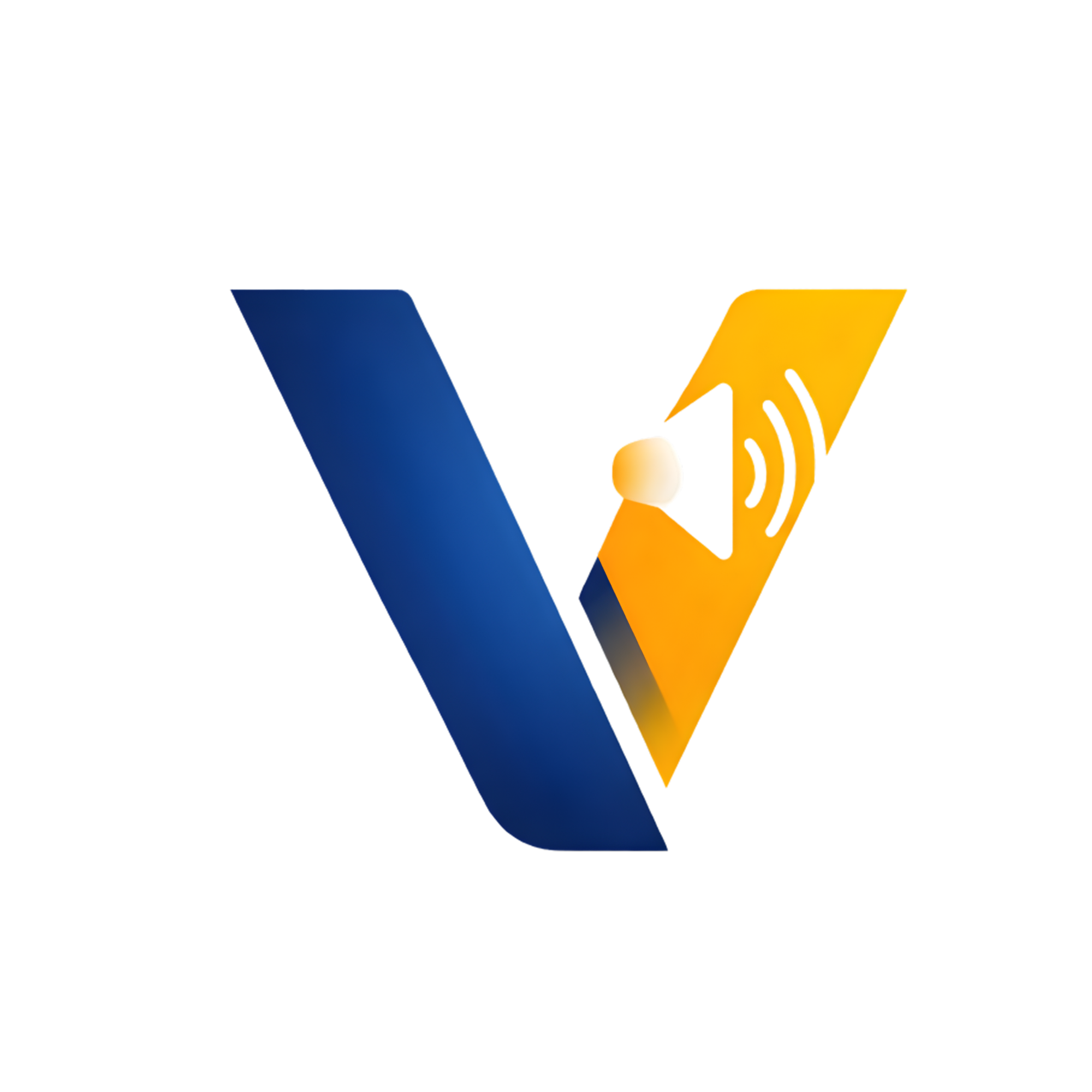 Graphic depicting a blue stylized 'V' shape, an orange speech bubble with sound waves, and a white sphere between them, symbolizing communication or sound transmission.