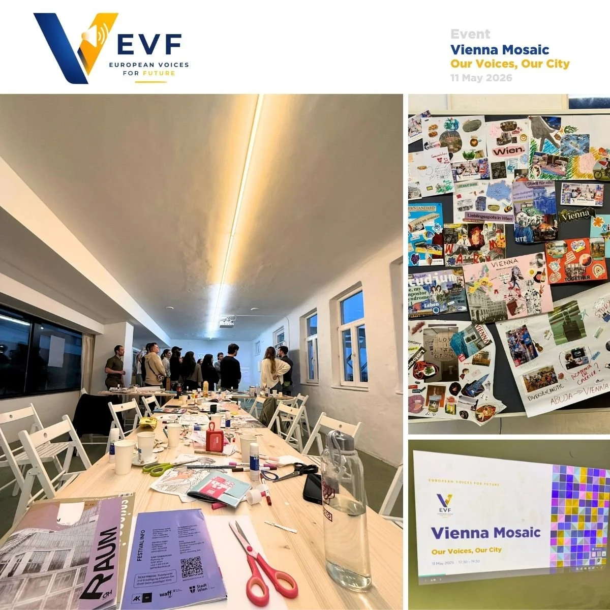 Photos from Vienna Mosaic, a creative community event by European Voices for Future (EVF) in Vienna, Austria, featuring vision boards, storytelling, dialogue, and intercultural exchange.
