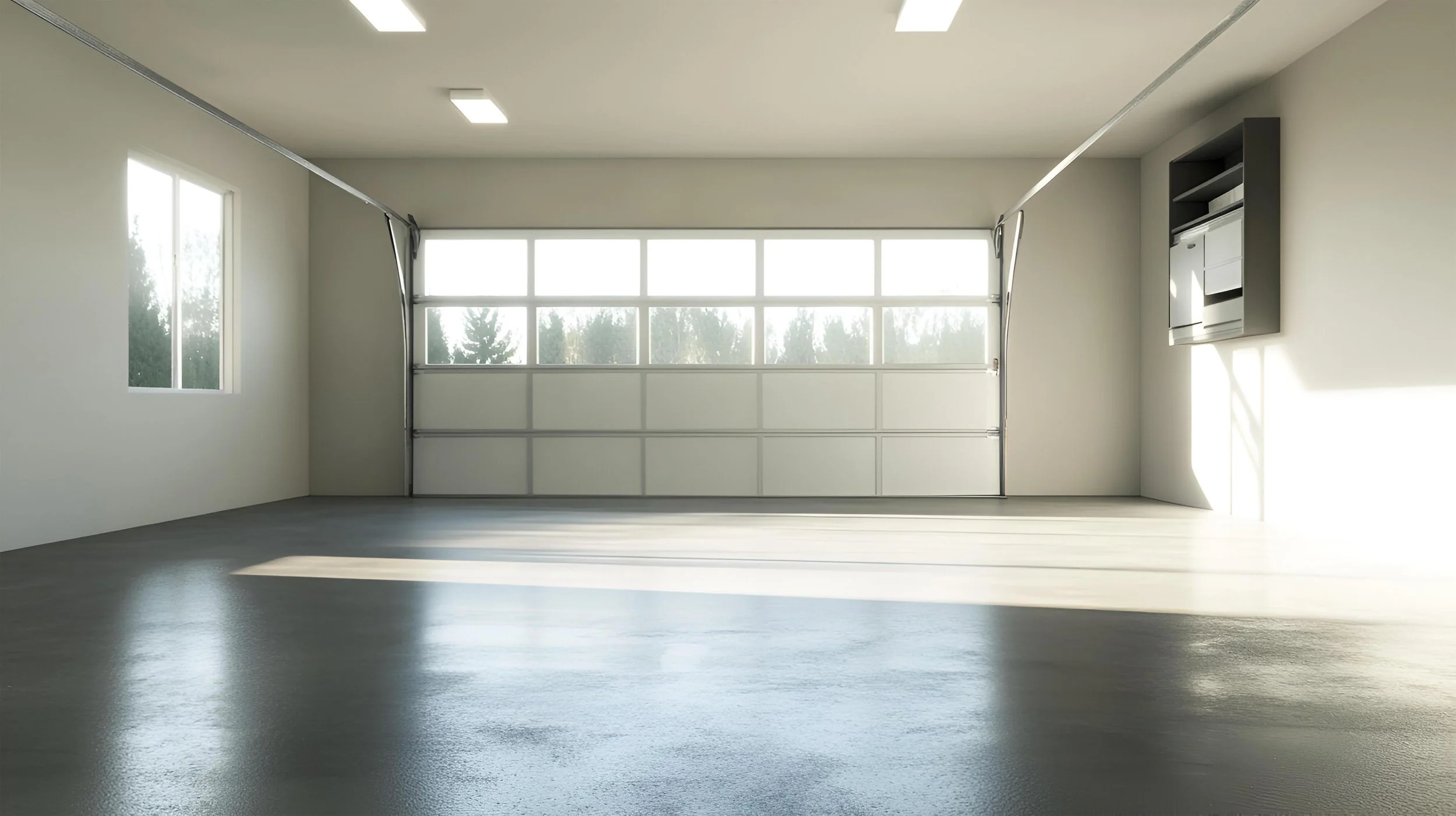 Empty garage with white walls, gray floor, large window, and garage door.