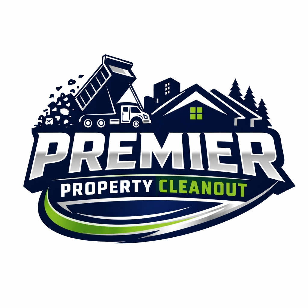 Logo for Premier Property Cleanout featuring a dump truck, houses, and trees with the company name and green accents.