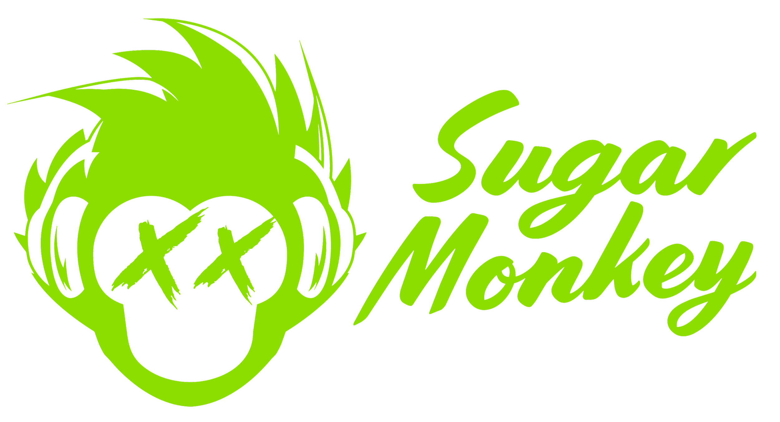 A green skull with jagged hair and X's for eyes, with the words 'Sugar Monkey' written in green cursive text beside it.