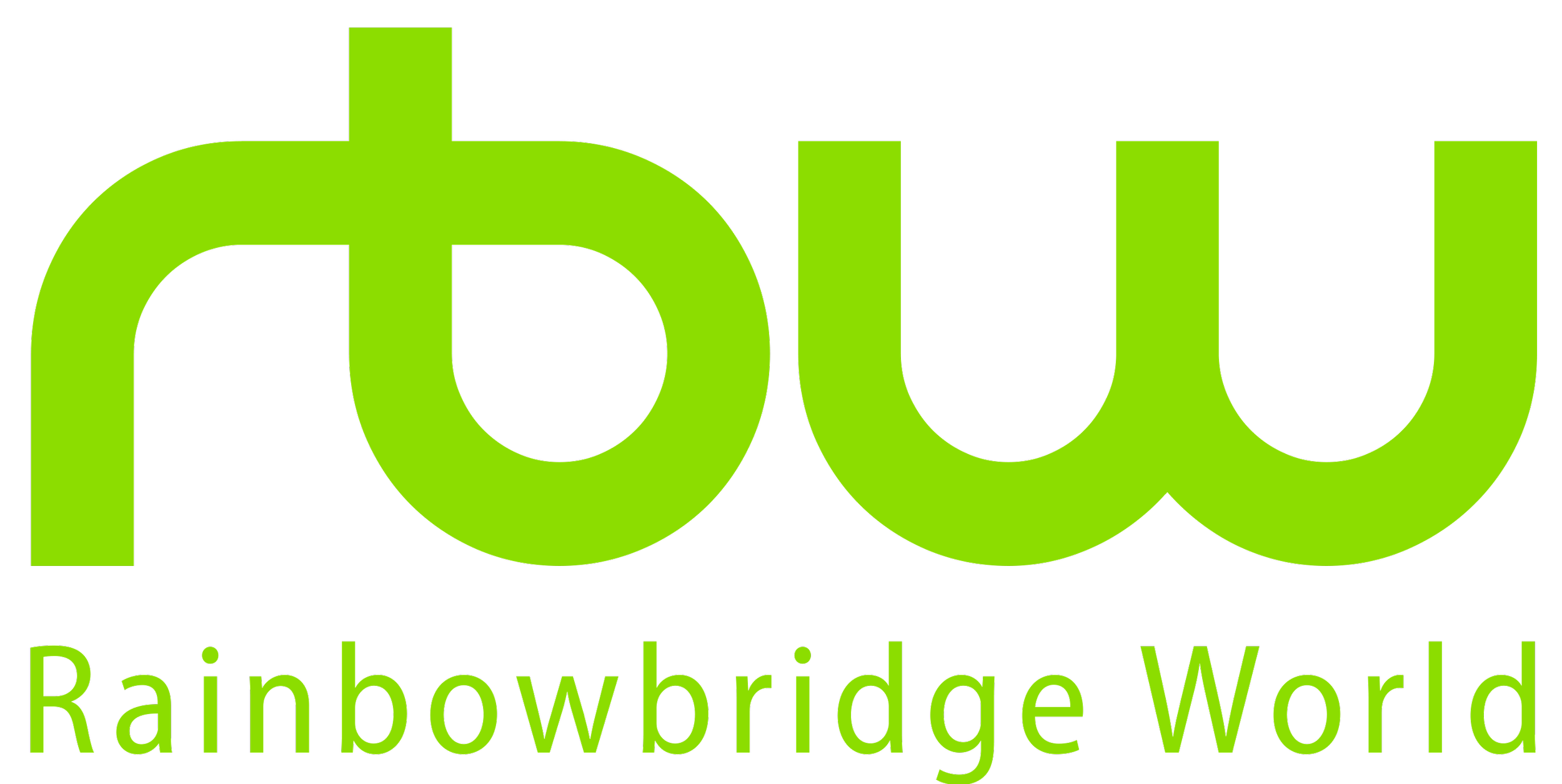 Logo with the word 'ptw' in bright green lowercase letters and the tagline 'Rainbowbridge World' below in smaller green text.