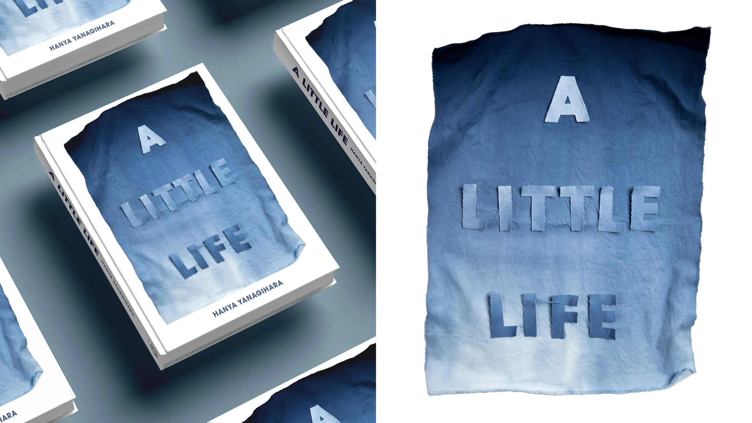Multiple copies of a book titled "A Little Life" by Hanya Yanagihara, with a cover featuring blue tissue paper and cut-out letters spelling the title, displayed on a surface.