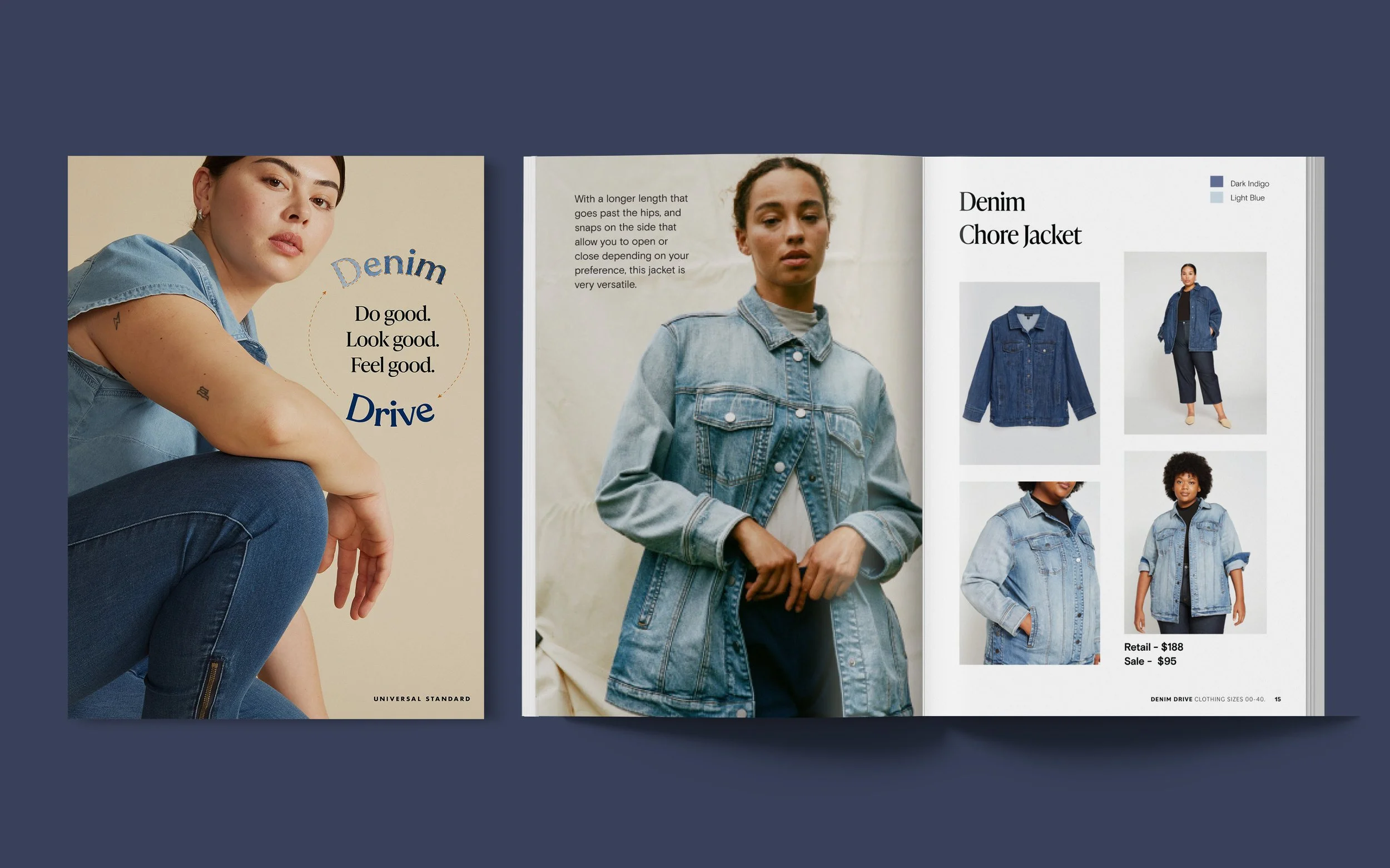 Open fashion magazine featuring denim clothing, with a focus on denim jackets. The left page shows a woman in denim attire with the text 'Denim Drive' and the phrase 'Do good. Look good. Feel good.' The right page displays images and descriptions of 