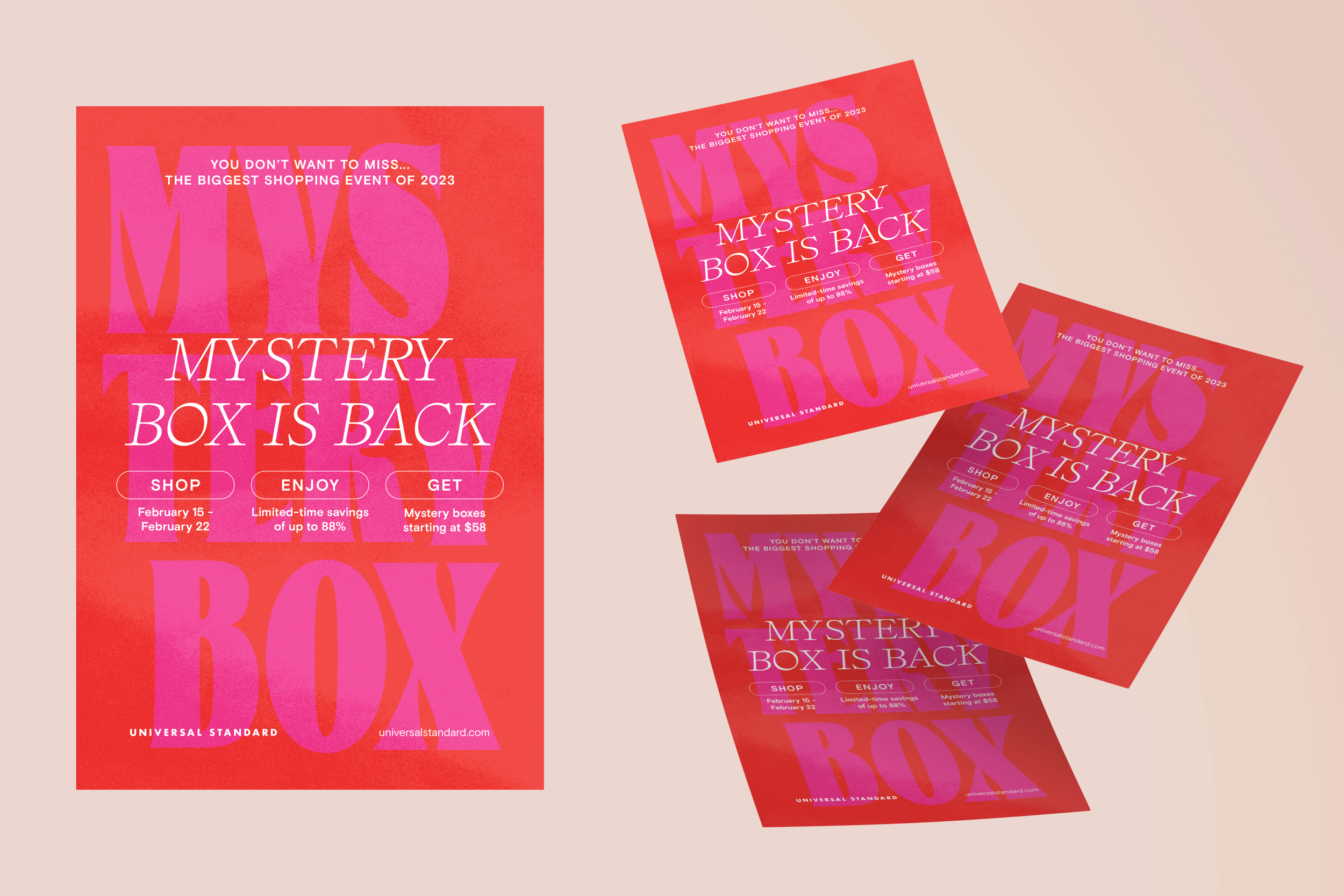 Promotional flyer for the mystery box event of 2023, featuring bold pink and purple text on a red background, with event details and dates from February 15 to February 22.