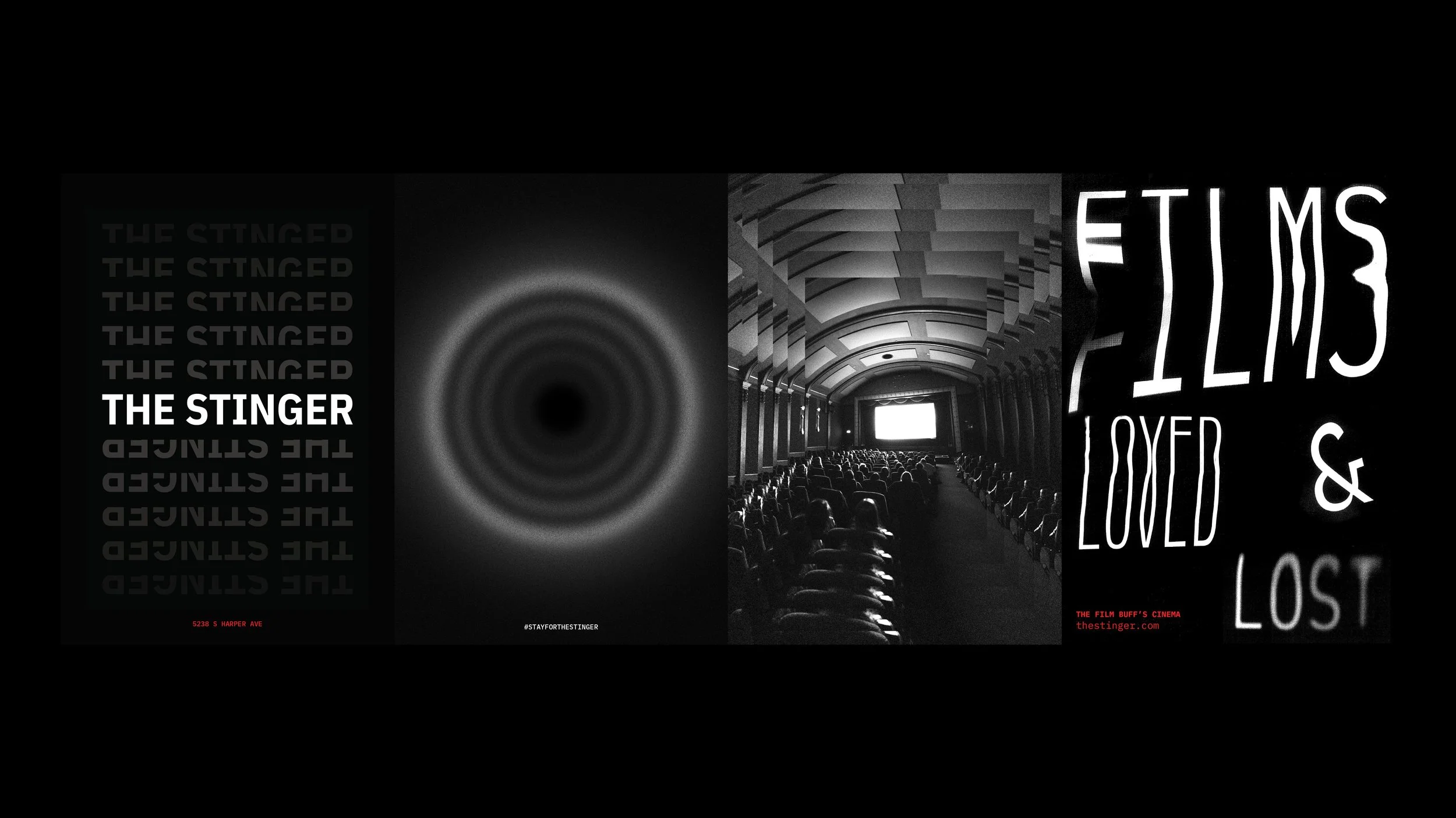 A poster for the film "The Stinger" features multiple repeated texts of the movie title on a black background, a circular visual effect in the center, an empty auditorium with a large screen, and stylized text stating "FILMS LOVED & LOST" in white wi