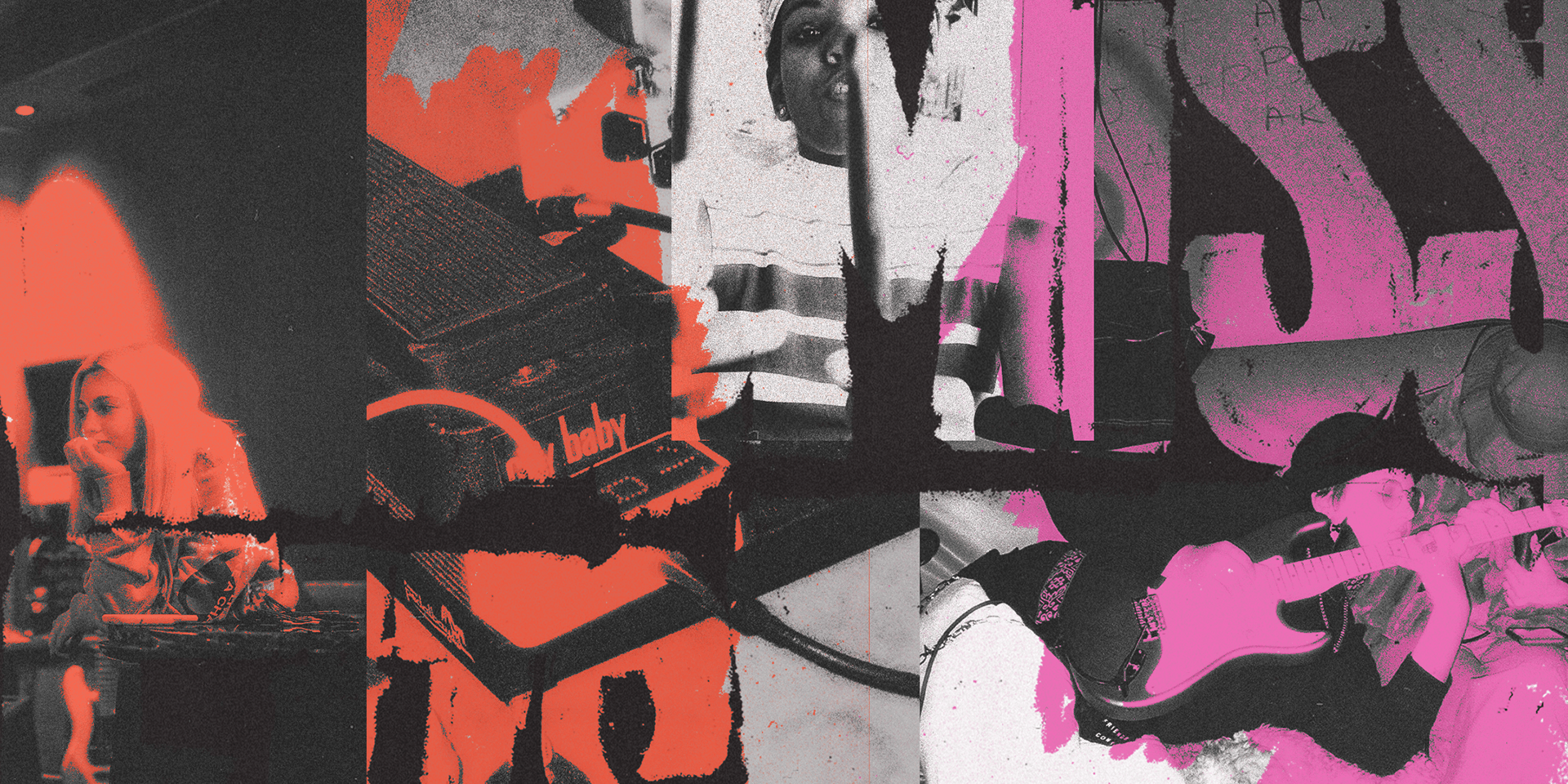 A grayscale and pink-tinted image with four sections. The left section shows a woman with blonde hair sitting at a drum set. The middle section features a close-up of a vintage cassette tape recorder with orange and black coloring. The right section 