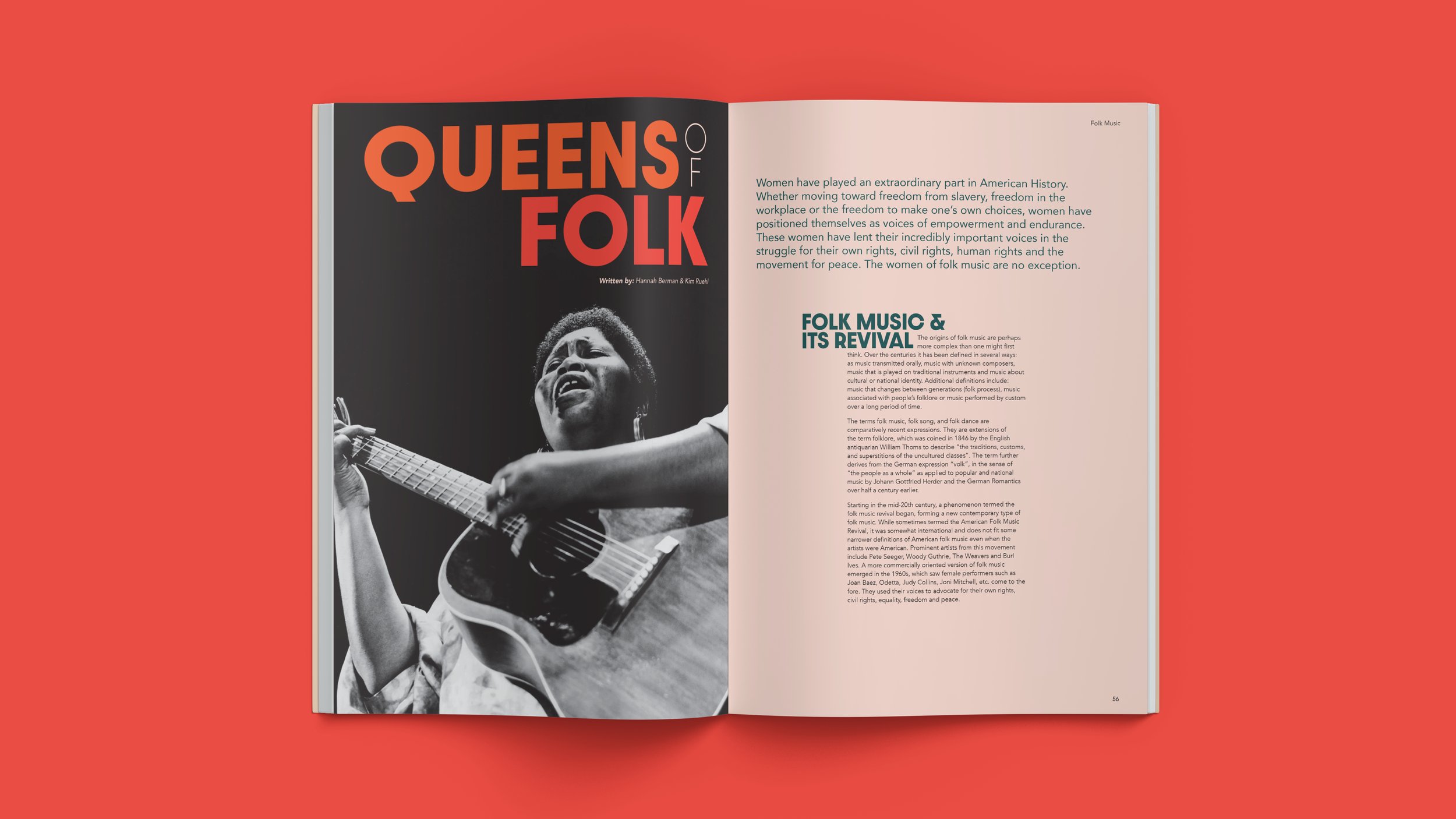 Open magazine spread featuring an article titled 'Queens of Folk' with a black and white photograph of a woman singing and playing guitar, on a coral background.