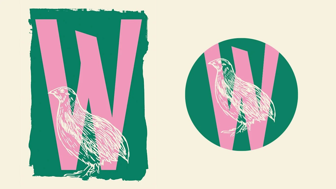 Graphic design featuring a heron illustration with pink and green color blocks, displayed in both rectangular and circular formats.