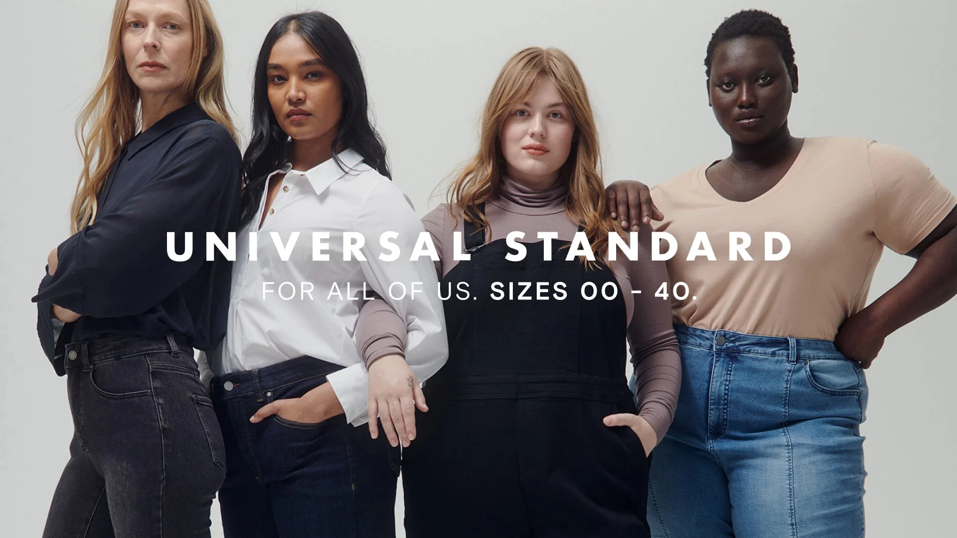 Group of four women with diverse ethnic backgrounds standing together in casual clothing, with text overlay promoting universal clothing sizes for women.