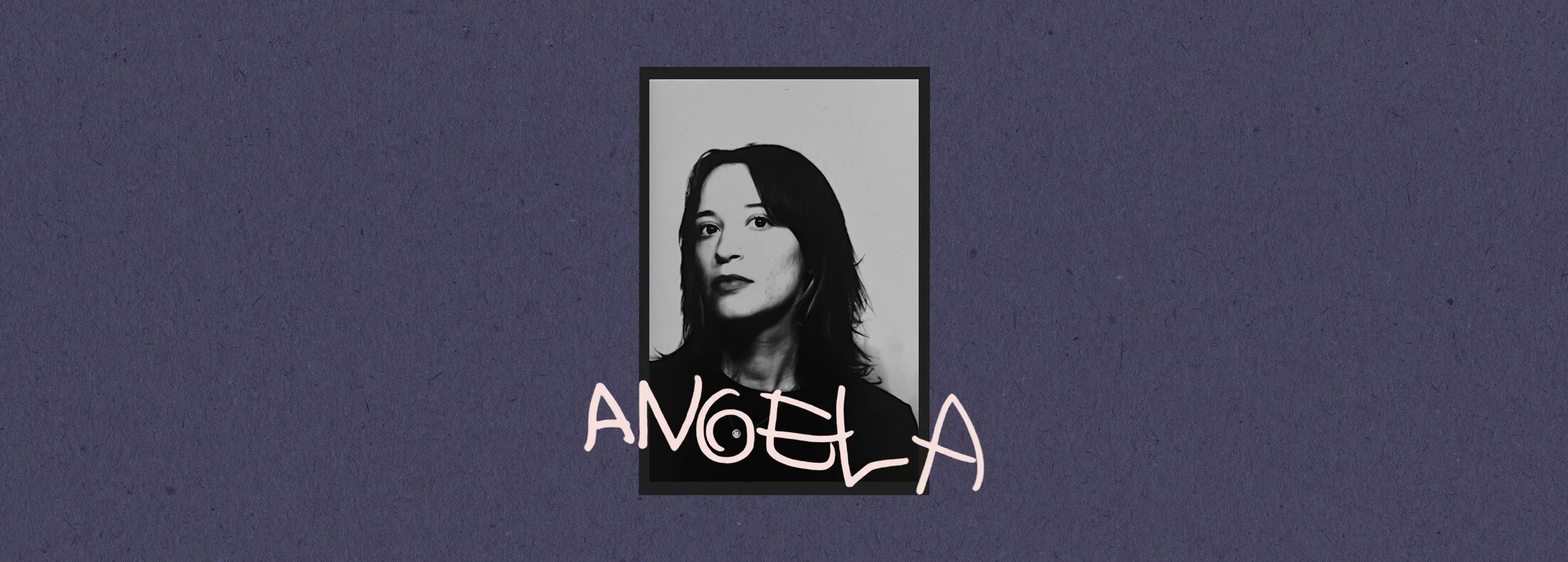 Black and white portrait of a woman with shoulder-length hair, with the name 'AngelA' written in pink handwritten font below her face, on a dark purple textured background.