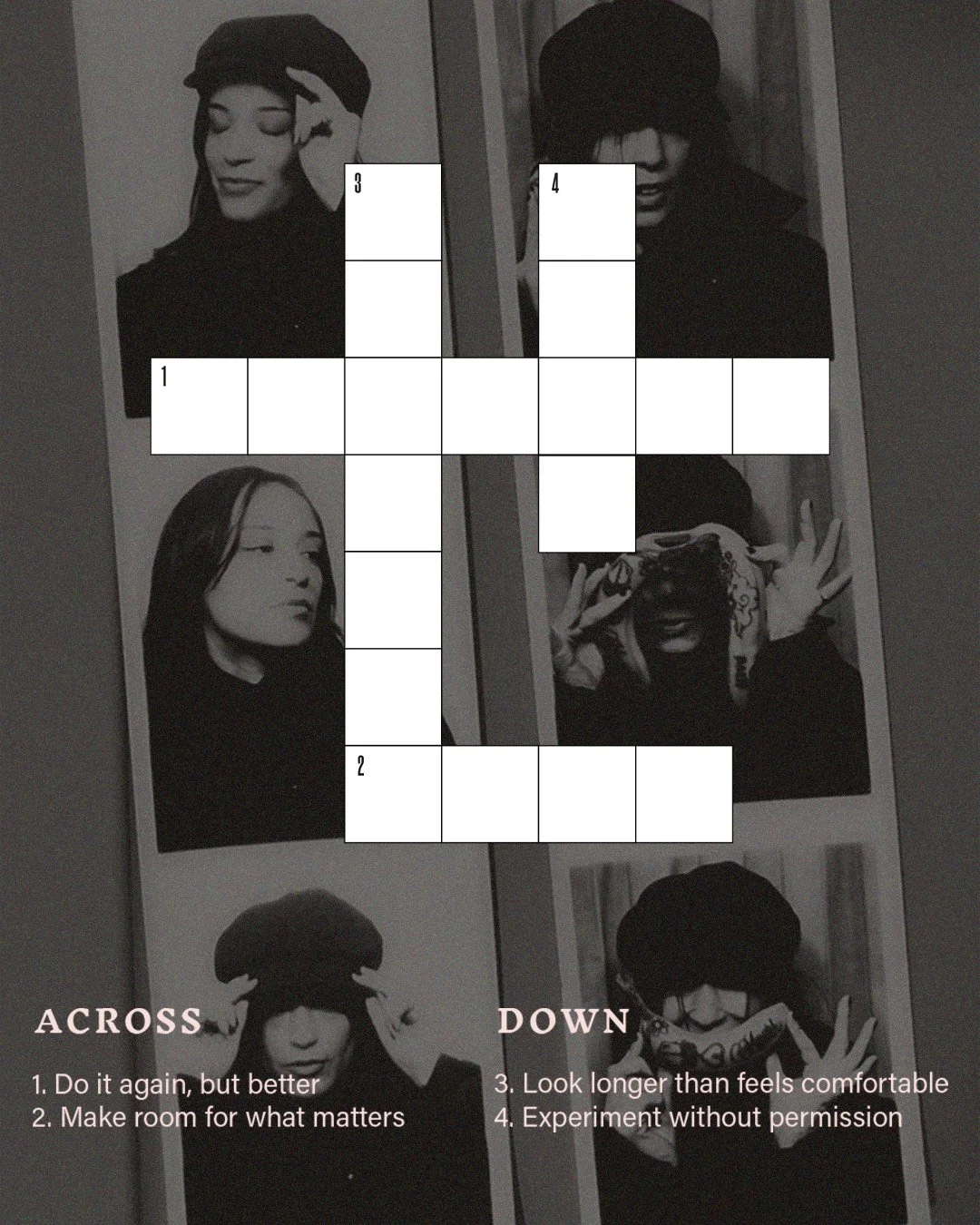 Black and white photos of four women, each in a different pose. One woman has short hair and glasses, another has long hair with streaks, the third is wearing glasses and making hand gestures, and the fourth has curly hair and is holding sunglasses. Overlaid on the photos is a crossword puzzle with numbered clues.