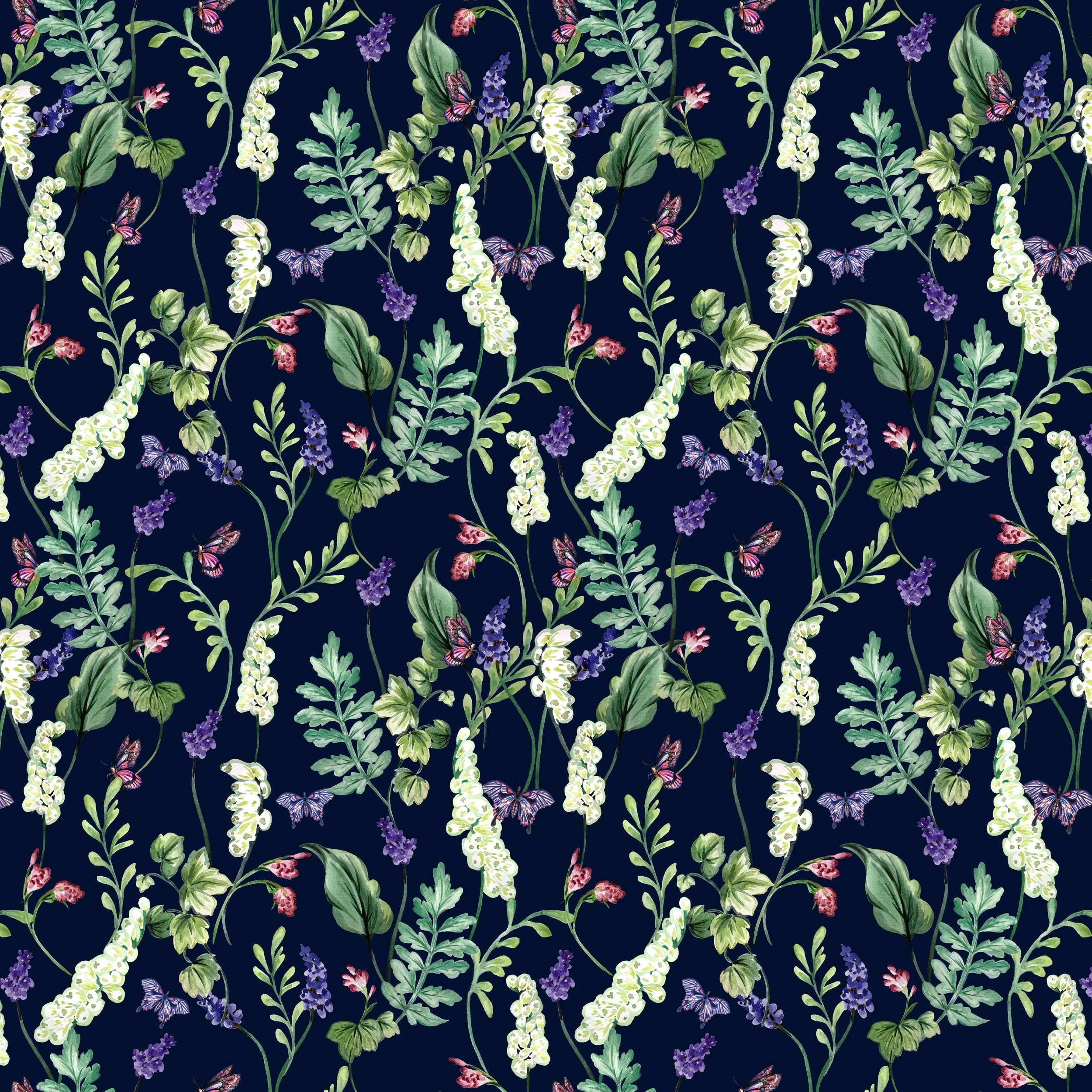 Floral pattern with white, purple, and pink flowers, green leaves, and butterflies on a dark background.
