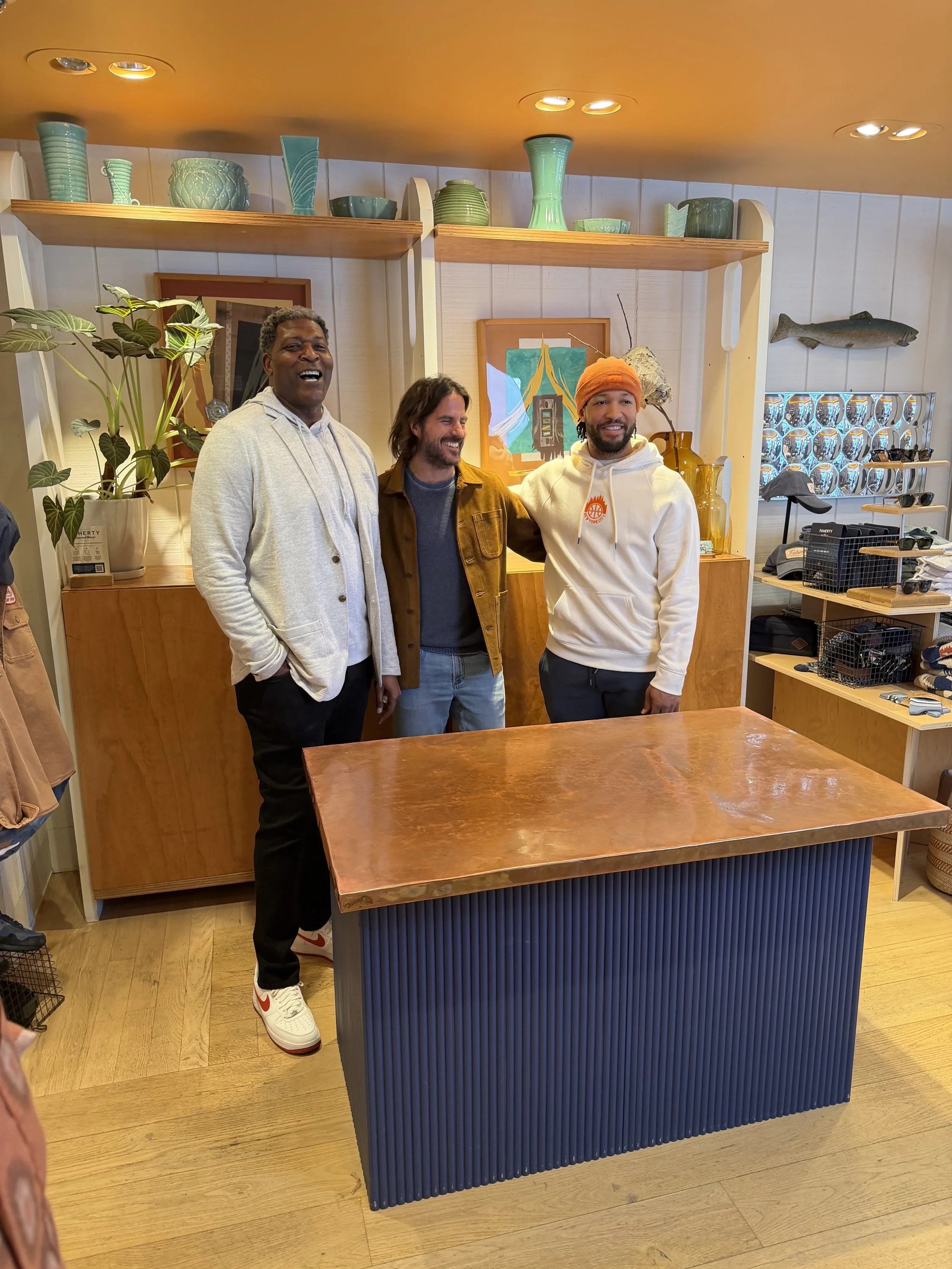 Knicks legend Larry Johnson, Alex Faherty, and Jalen Brunson at the Faherty store in Greenwich, CT 