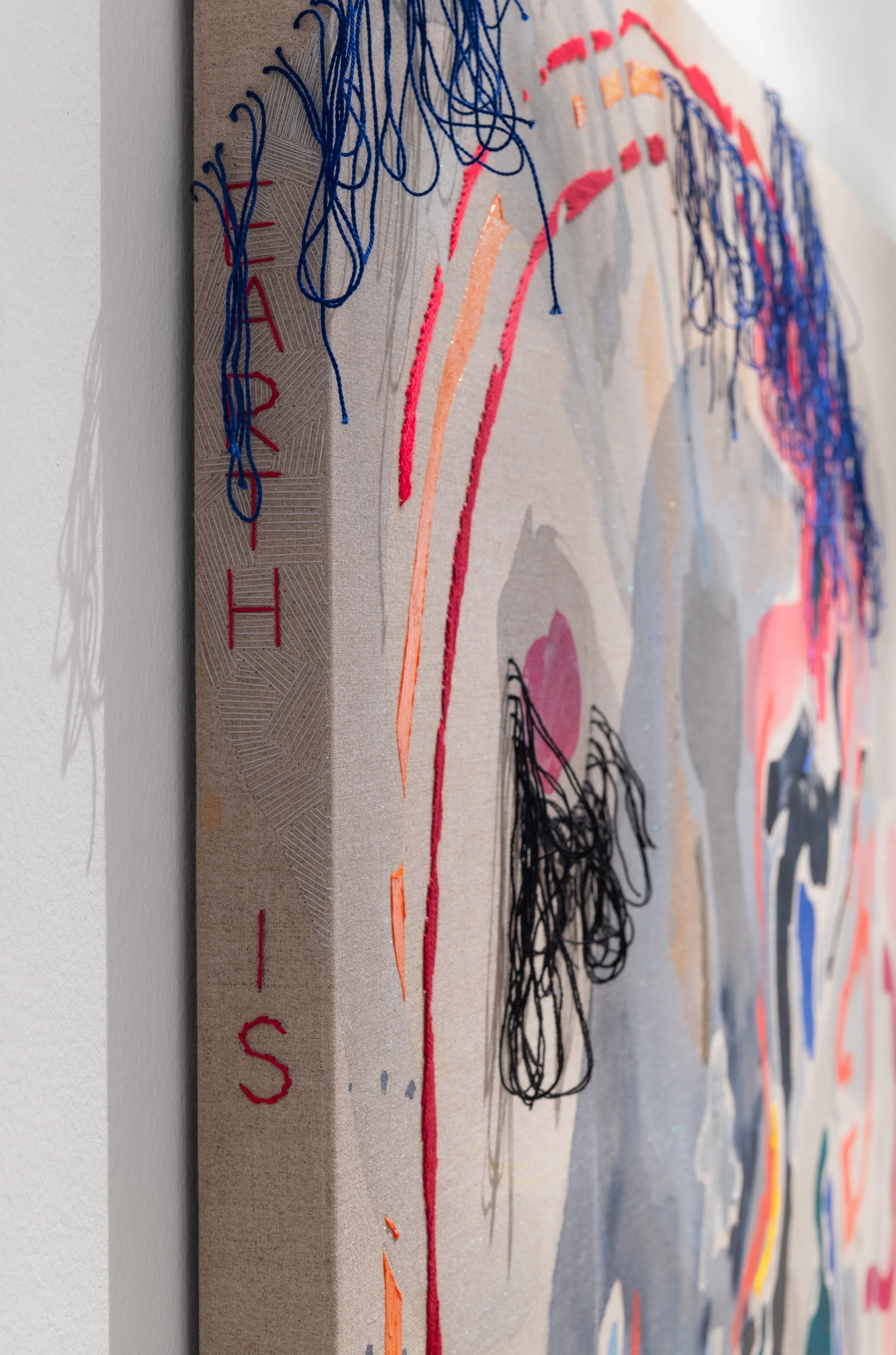 Earth is Rounding, 2025
Acrylic and embroidery on linen
122 x 122 cm
48 x 48 in