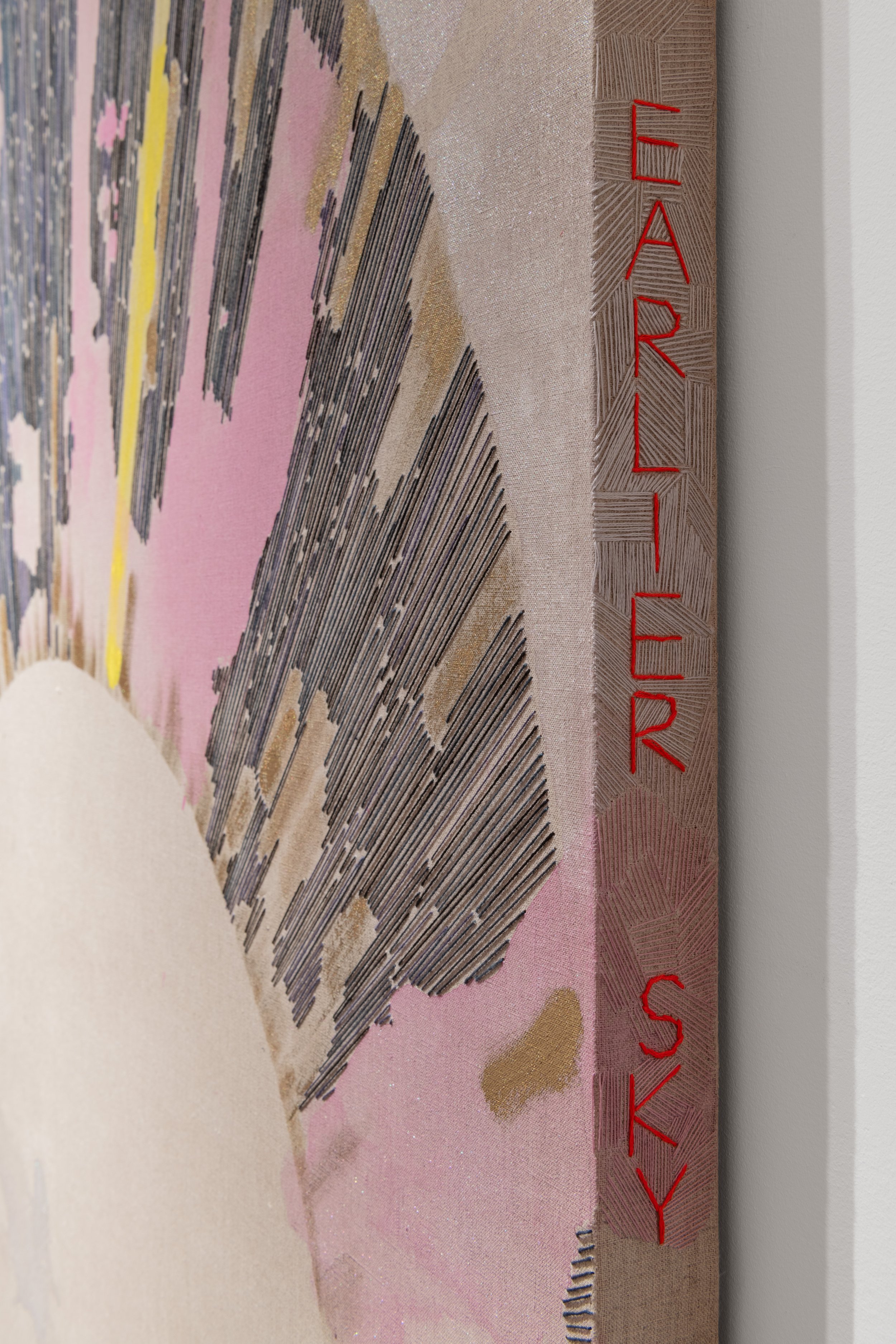 Silk-Screened to an Earlier Sky, 2025
Acrylic and embroidery on linen
183 x 244 cm
72 x 96 in