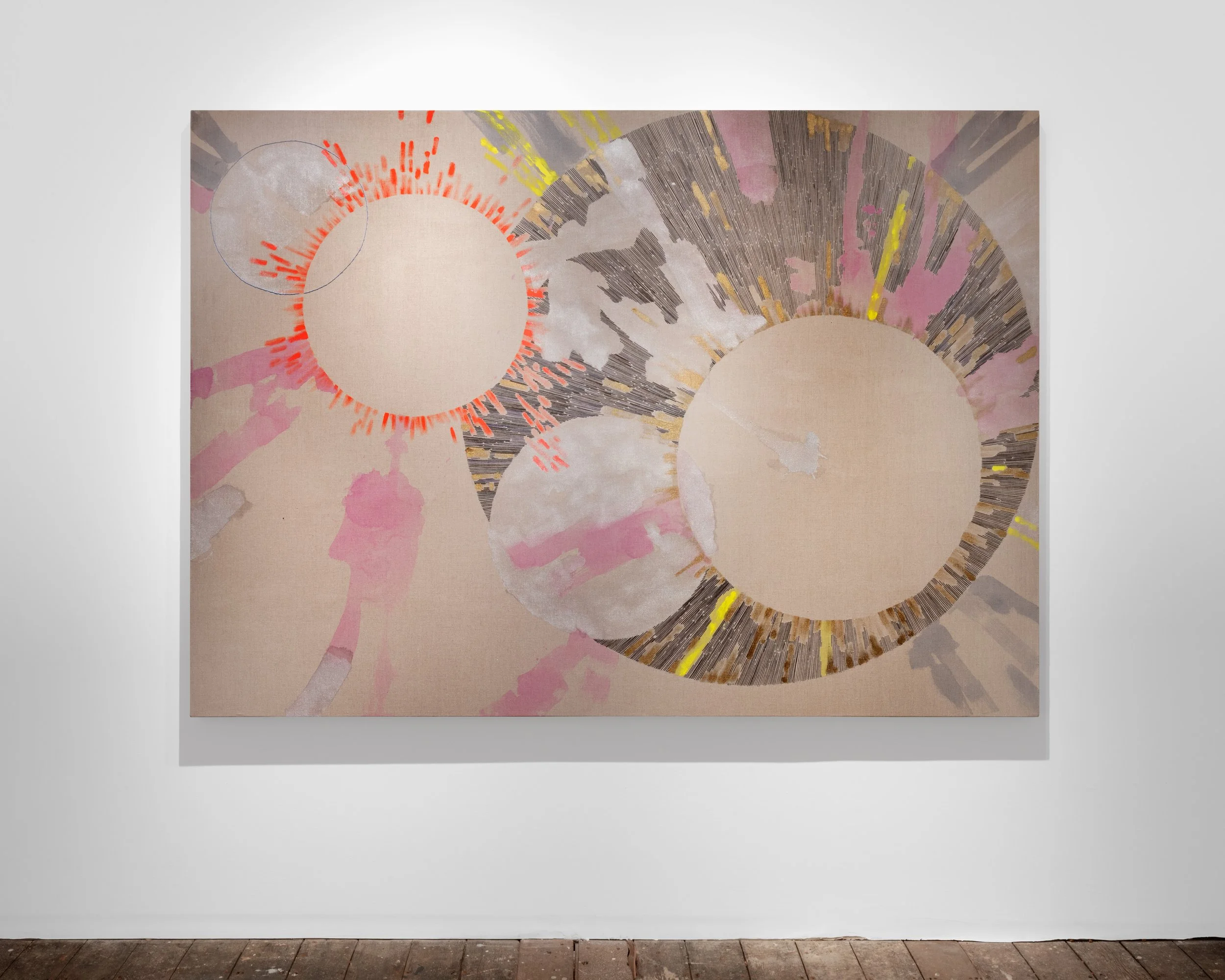 Silk-Screened to an Earlier Sky, 2025
Acrylic and embroidery on linen
183 x 244 cm
72 x 96 in