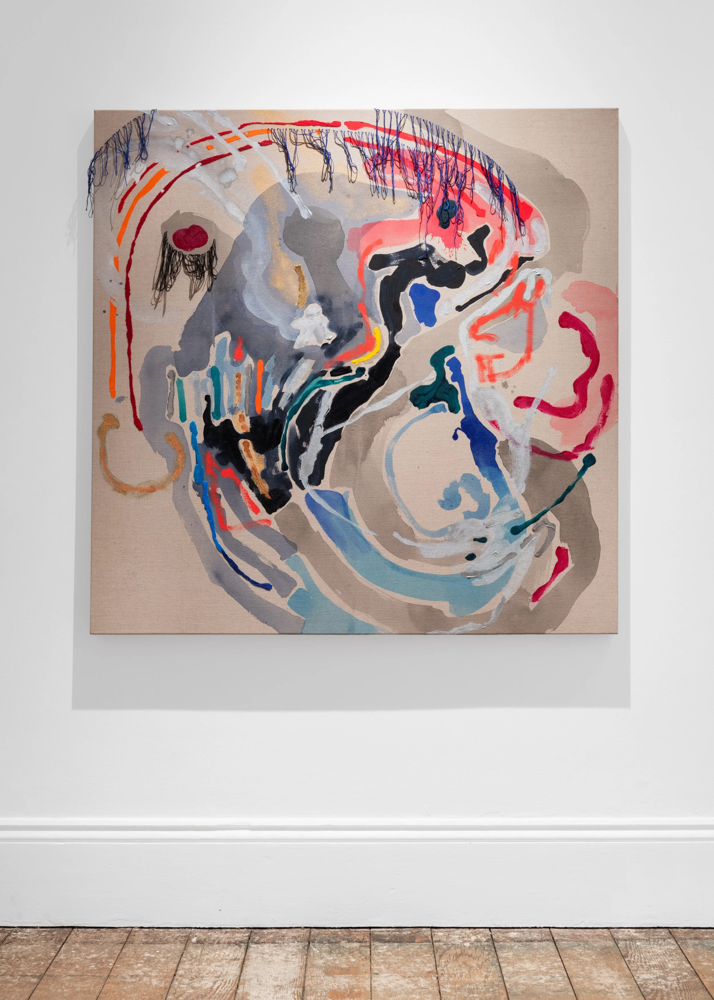 Earth is Rounding, 2025
Acrylic and embroidery on linen
122 x 122 cm
48 x 48 in