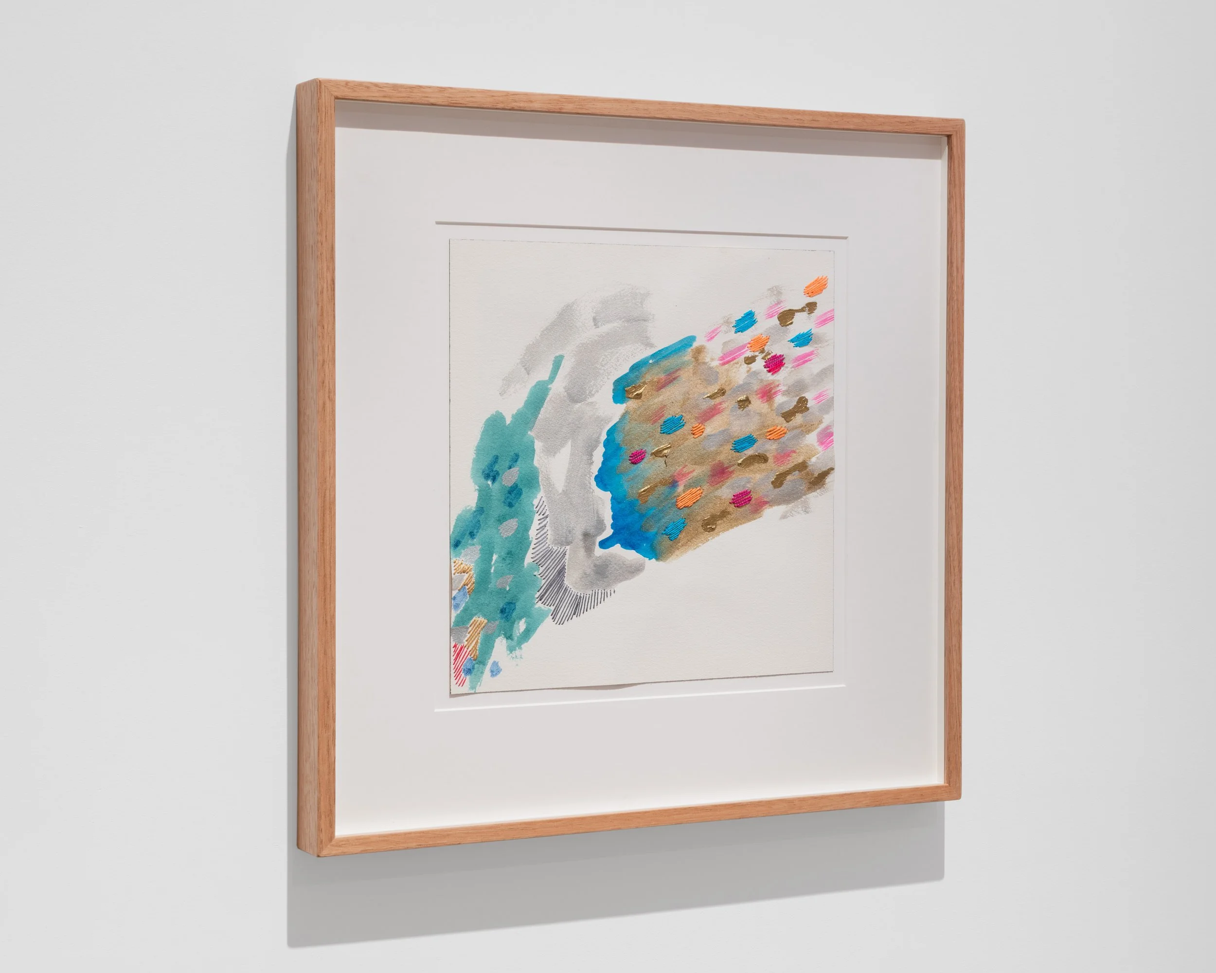 Here is the sky Being Born, 2025
Acrylic, graphite, watercolour and embroidery thread on paper
30.5 x 30.5 cm
12 x 12 in