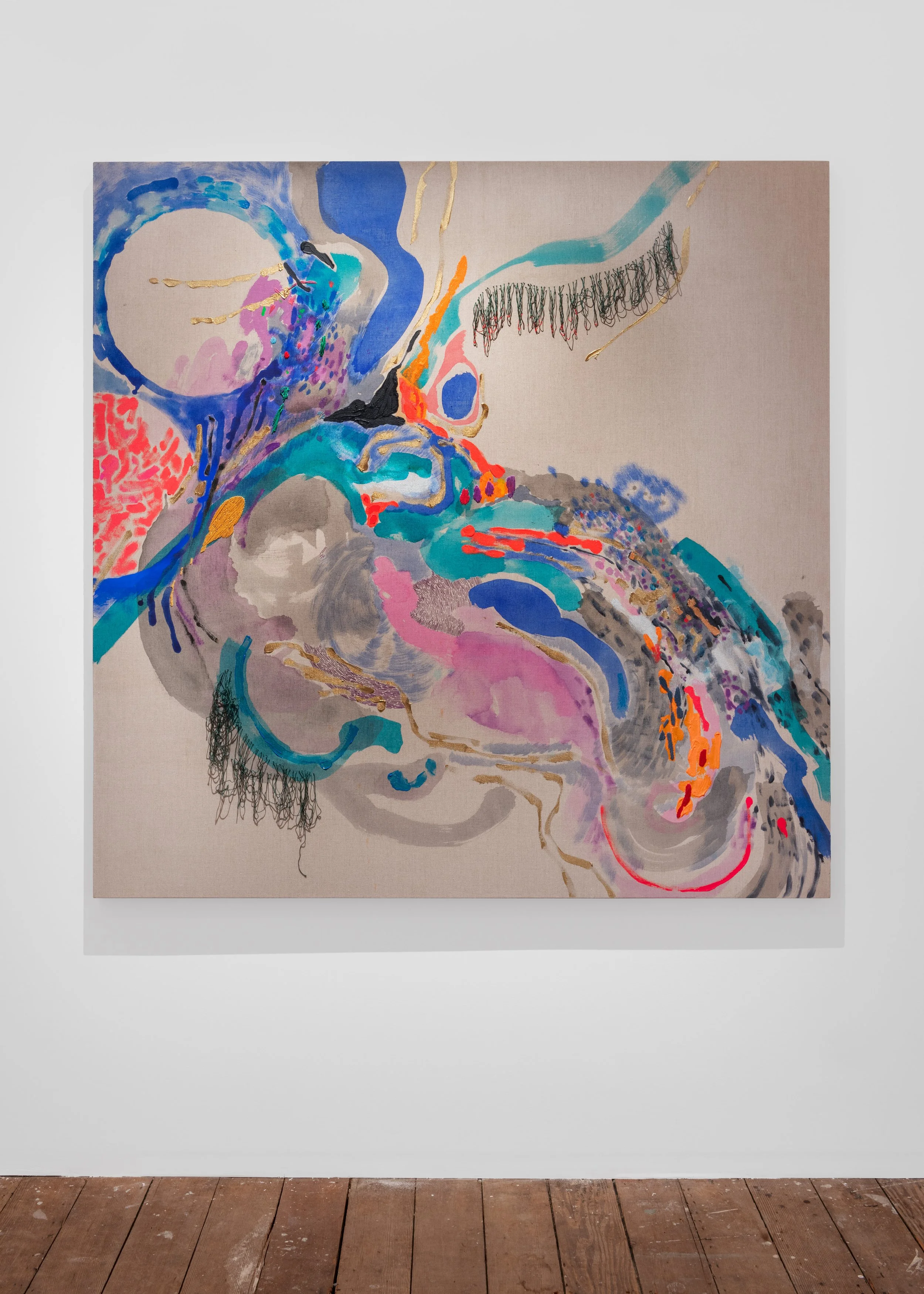 Circle of Dust Reshaping the Air, 2025
Acrylic and embroidery on linen
152.5 x 152.5 cm
60 x 60 in