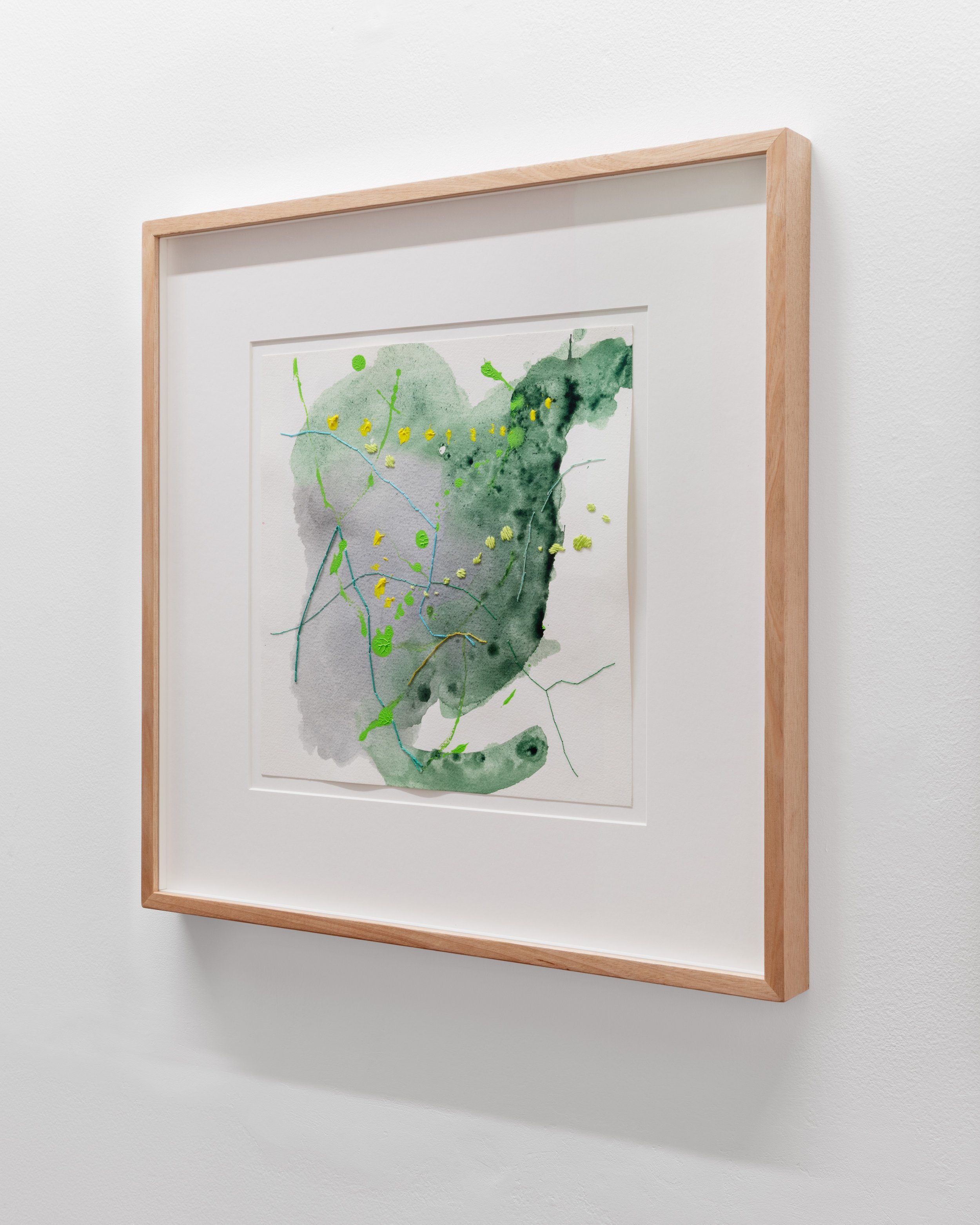 Dark Places Gave way in the Wind, 2025
Acrylic, graphite, watercolour and embroidery on paper
30.5 x 30.5 cm
12 x 12 in