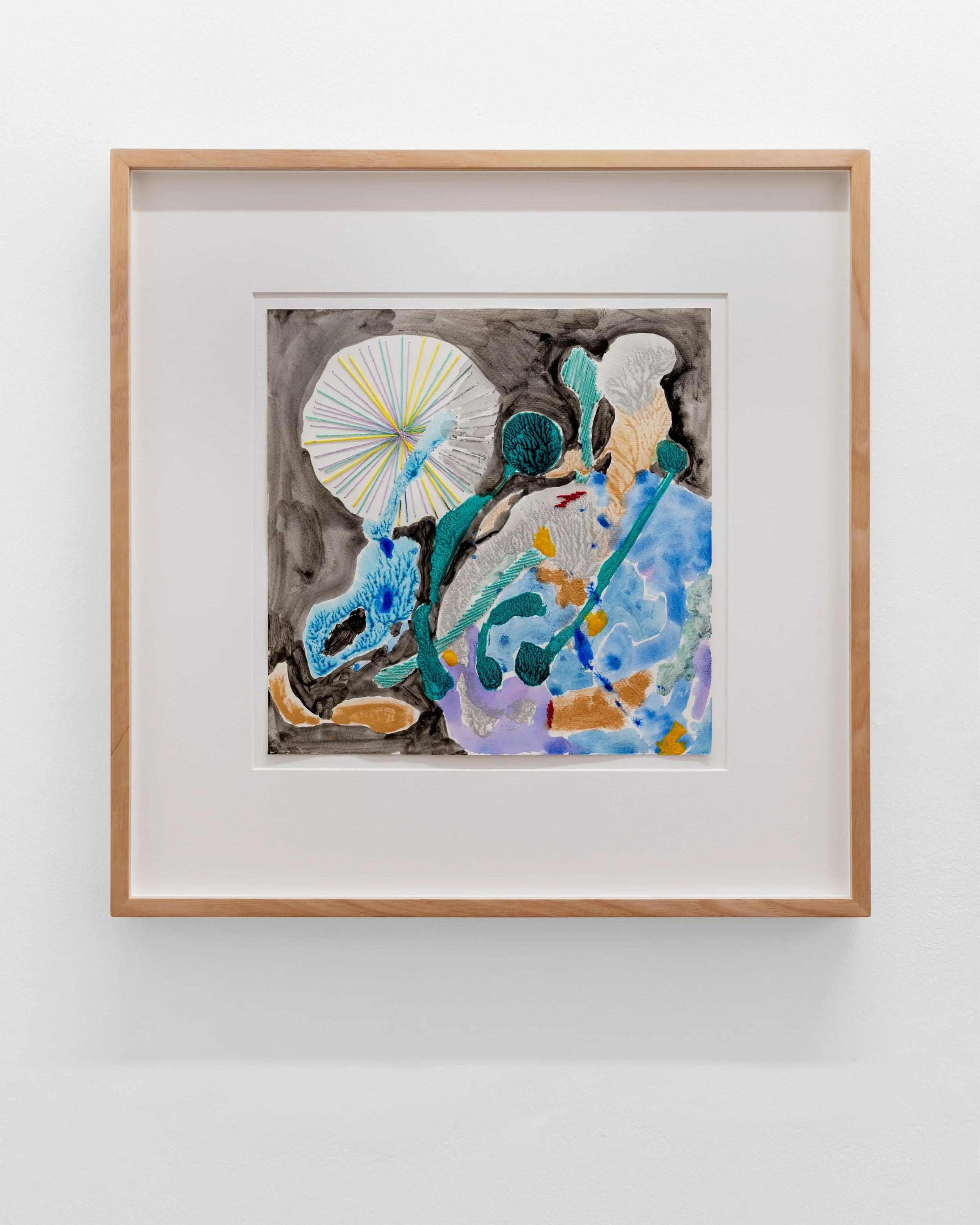 I Walked into the Openess of Night, 2025
Acrylic, graphite, watercolour and embroidery thread on paper
30.5 x 30.5 cm
12 x 12 in