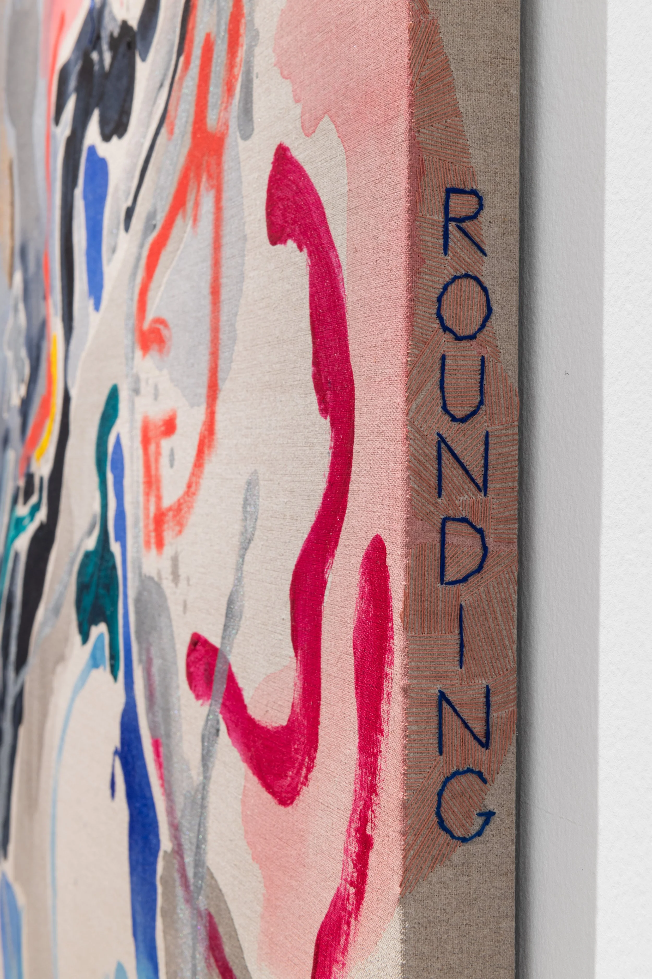 Earth is Rounding, 2025
Acrylic and embroidery on linen
122 x 122 cm
48 x 48 in