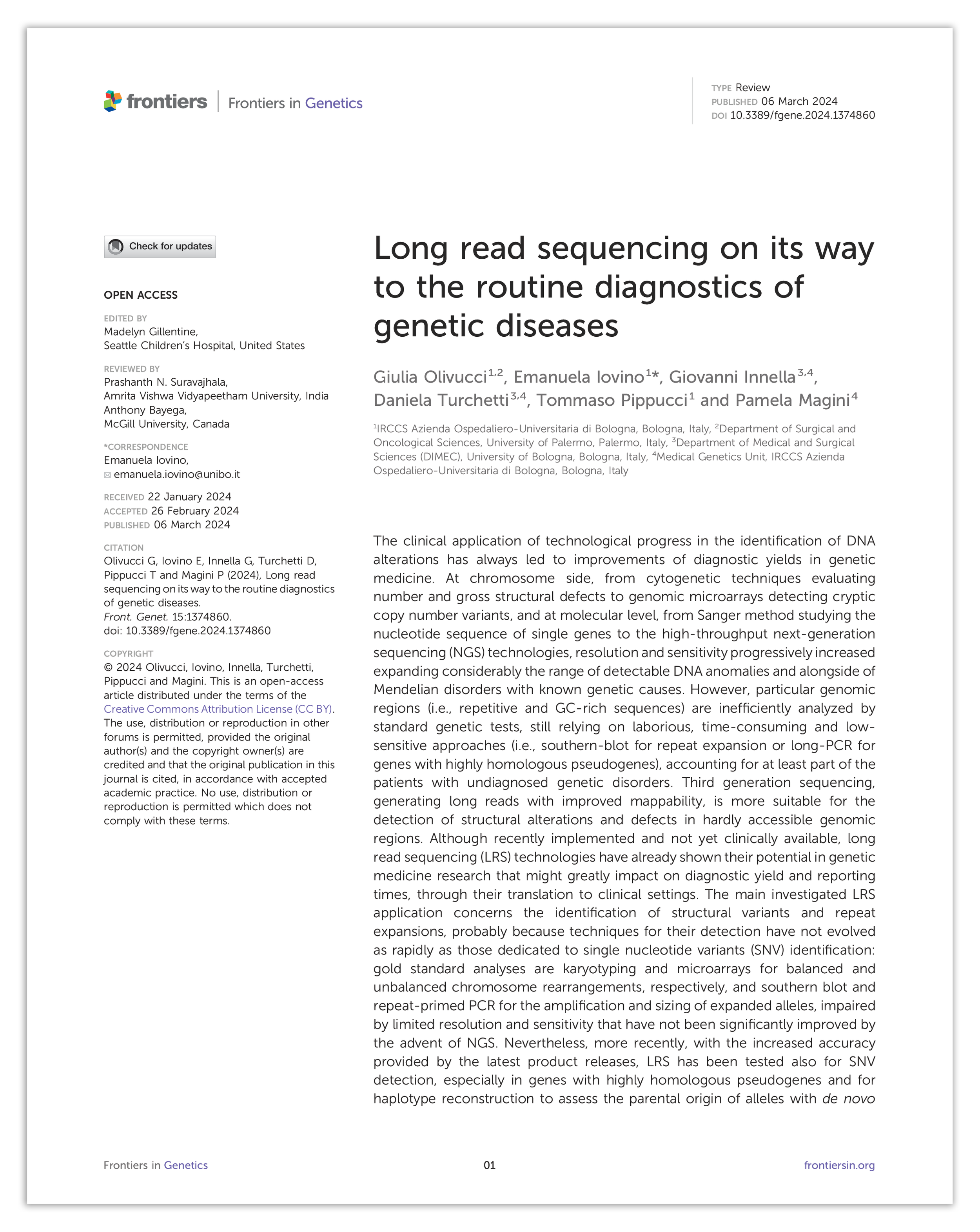 The cover page of a scientific journal article titled "Long read sequencing on its way to the routine diagnostics of genetic diseases," with details about the authors, publication date, and journal, Frontiers in Genetics.