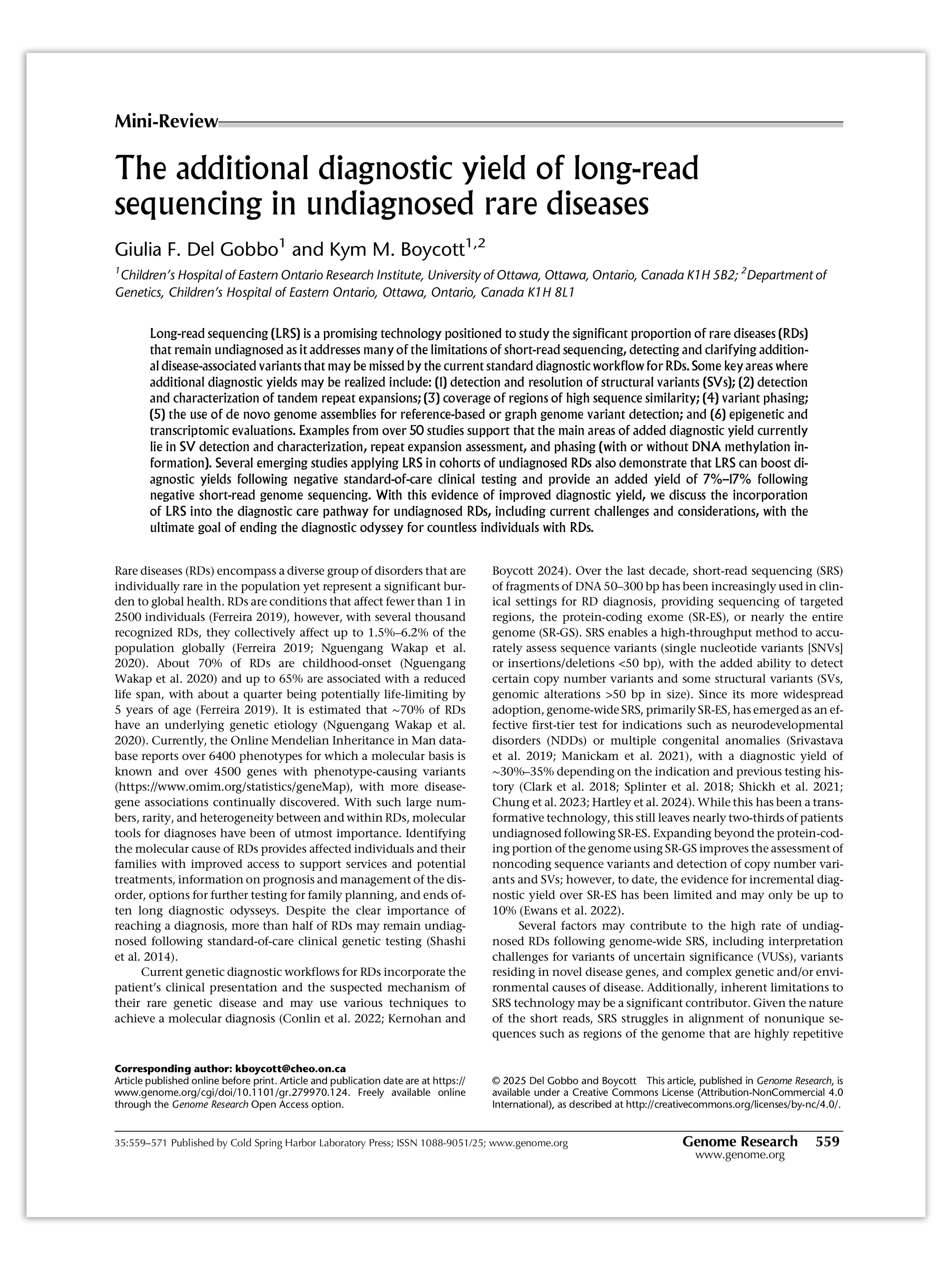 A scanned page of a research article from Genome Research journal titled 'The additional diagnostic yield of long-read sequencing in undiagnosed rare diseases' by Giulia F. Del Gobbo and Kym M. Boycott.