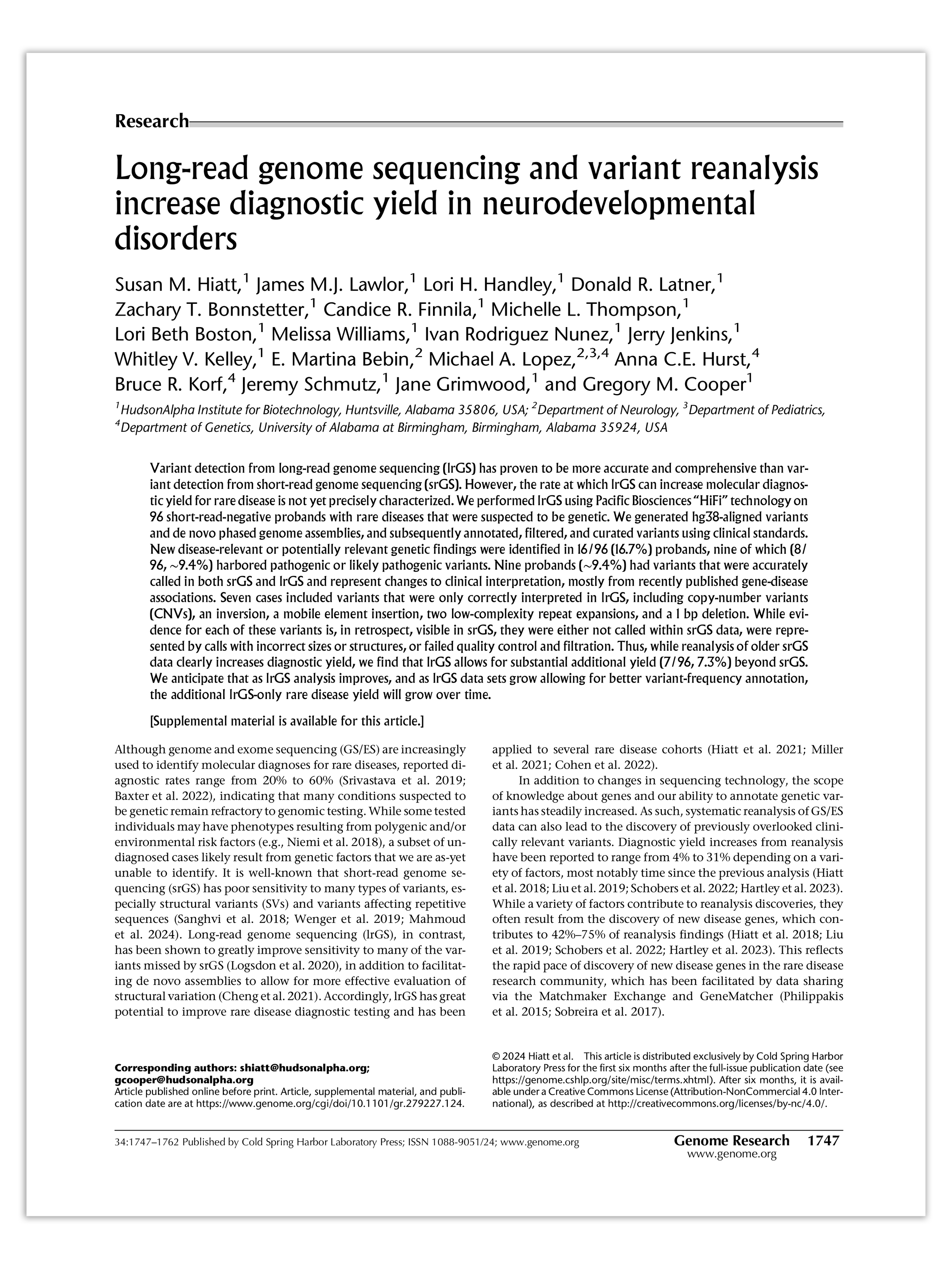Scientific research article titled 'Long-read genome sequencing and variant reanalysis increase diagnostic yield in neurodevelopmental disorders' from 'Genome Research'. The page contains the article's abstract, author information, publication details, and a footer with publishing credits.