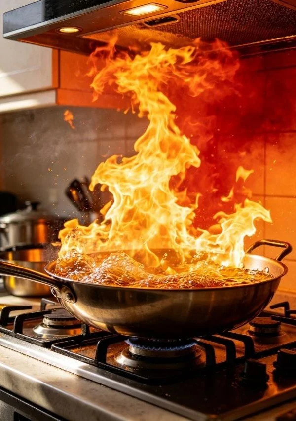 A frying pan on a gas stove with flames. The flames are coming from the pan, indicating a fire or flare-up while cooking.