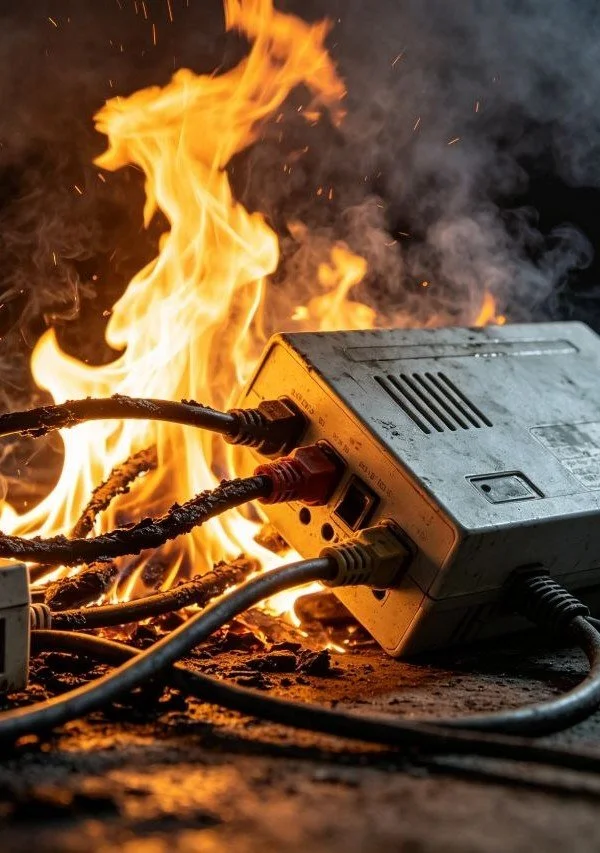 An electrical device with cords on fire, emitting flames and smoke.