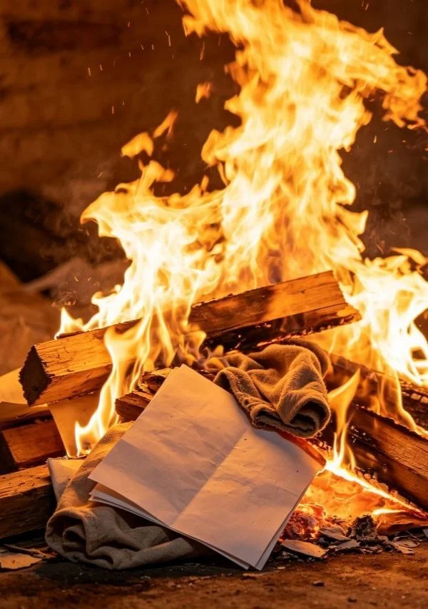 Open notebook and cloth burning in a fireplace with flames.