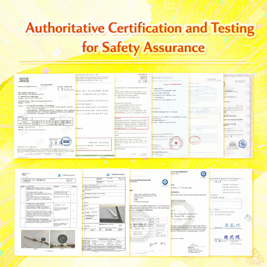 Collection of documents and certificates related to safety assurance and testing, displayed on a yellow background.