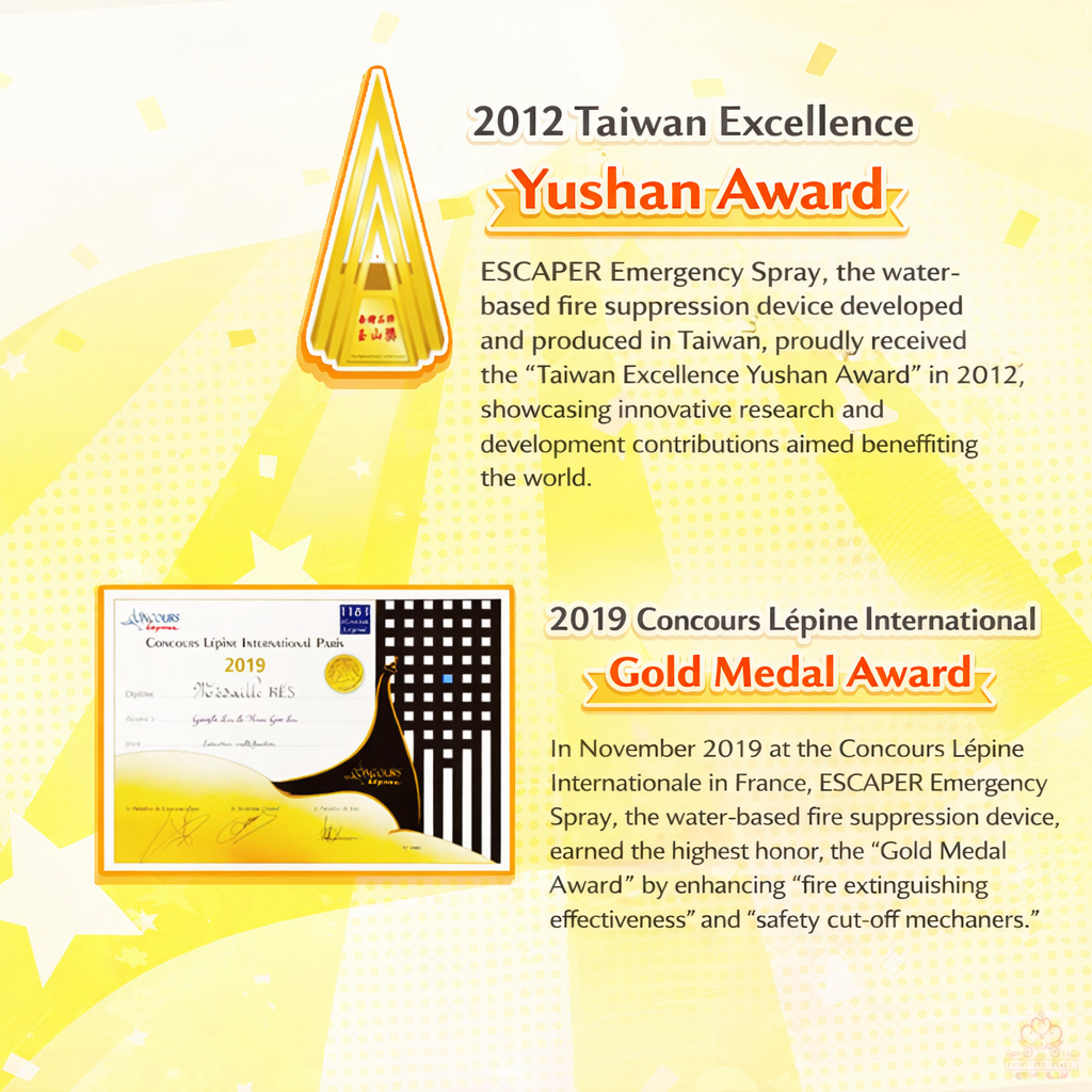 Graphics highlighting awards received by ESCAPER Emergency Spray, including the 2012 Taiwan Excellence Yushan Award and the 2019 Gold Medal Award at the Concours Lépine International.