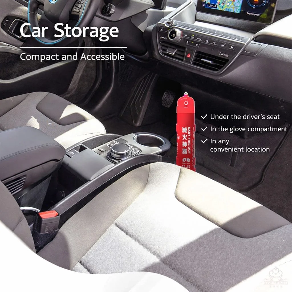 Interior of a car showing the front passenger seat, dashboard, and center console. A red fire extinguisher is positioned between the driver and passenger seats, with text indicating its storage locations: under the driver's seat, in the glove compartment, and any convenient place.