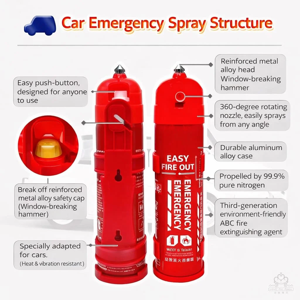 An infographic showing the components of a car emergency spray structure, including a reinforced metal alloy head, 360-degree rotating nozzle, durable aluminum case, and safety features like a break-off reinforced metal alloy cap and easy push-button. The spray is propelled by 99.9% pure nitrogen and contains third-generation, eco-friendly ABC fire-extinguishing agent.