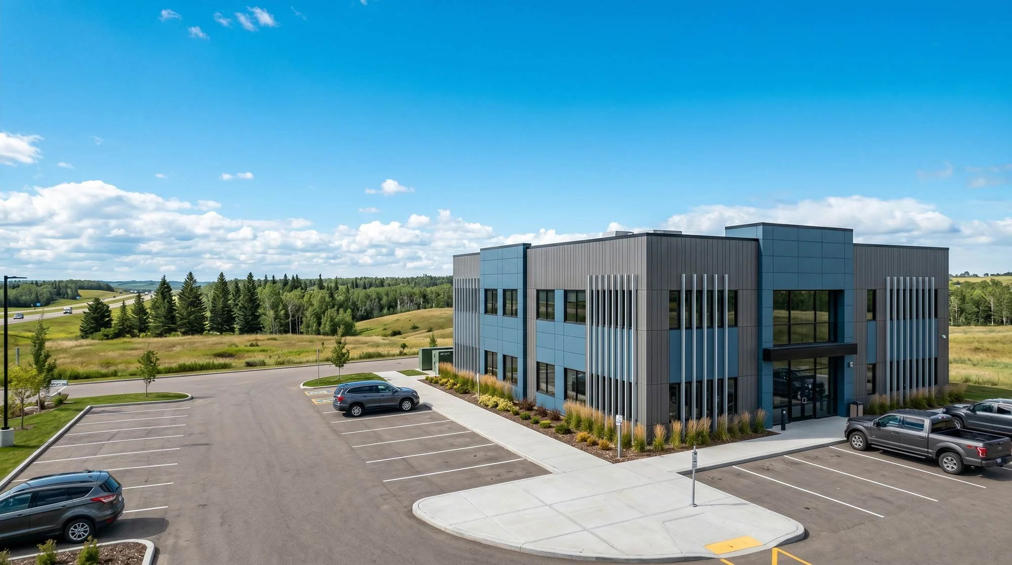 Modern office building with parking lot, surrounded by green trees and open fields under a partly cloudy blue sky.