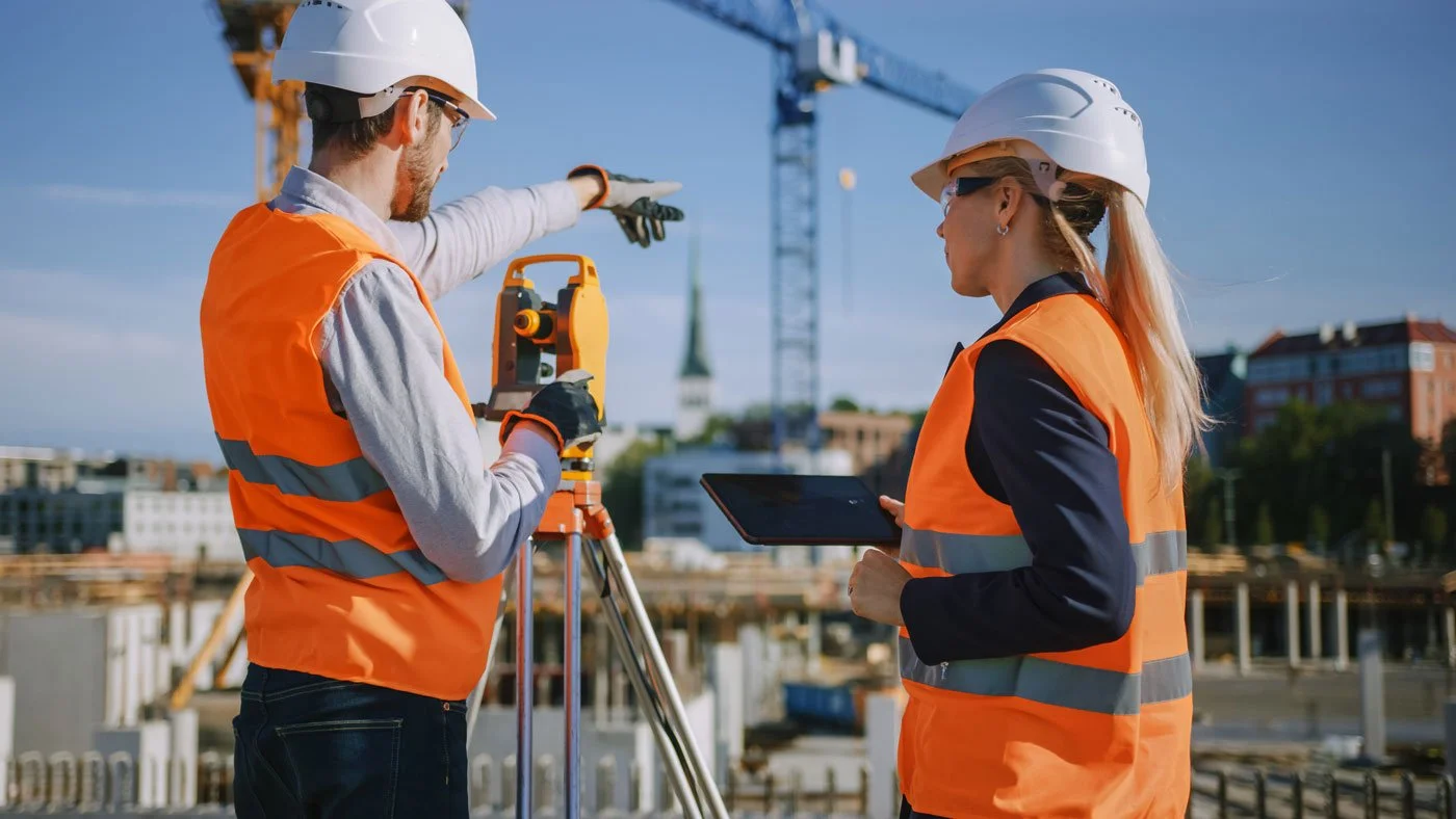 Two construction workers, a man and a woman, wearing white safety helmets and orange safety vests, on a construction site with a crane in the background. The man is using a surveying instrument, and the woman is holding a tablet.