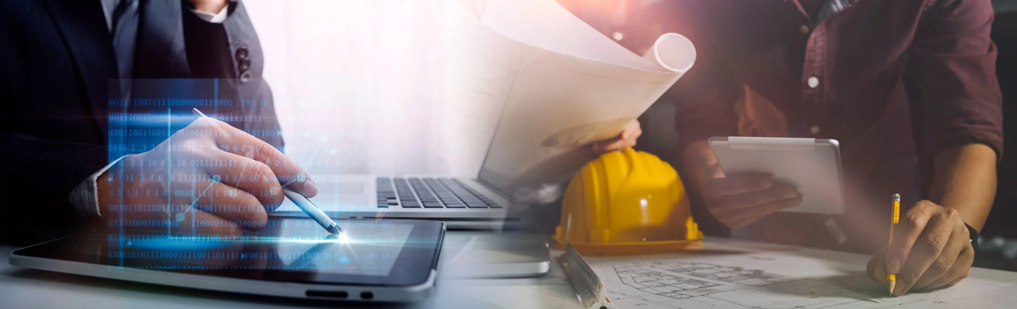 Split image showing a person in a suit drawing on a digital tablet with a stylus on the left, and a person in a work shirt with a safety helmet holding blueprints and using a tablet on the right.