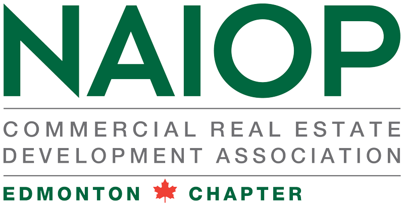 NAIOP logo with text 'Commercial Real Estate Development Association' and 'Edmonton Chapter' with a red maple leaf.