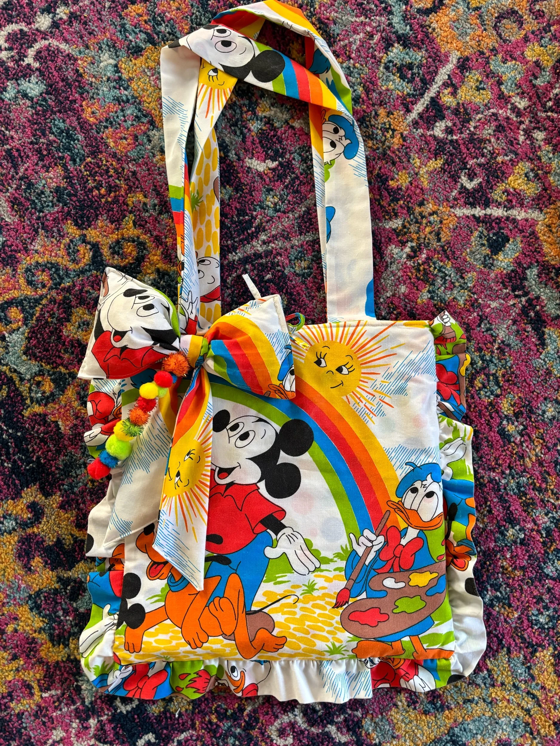 Upcycled Rainbow & Sunshine Mickey Mouse Tote Bag