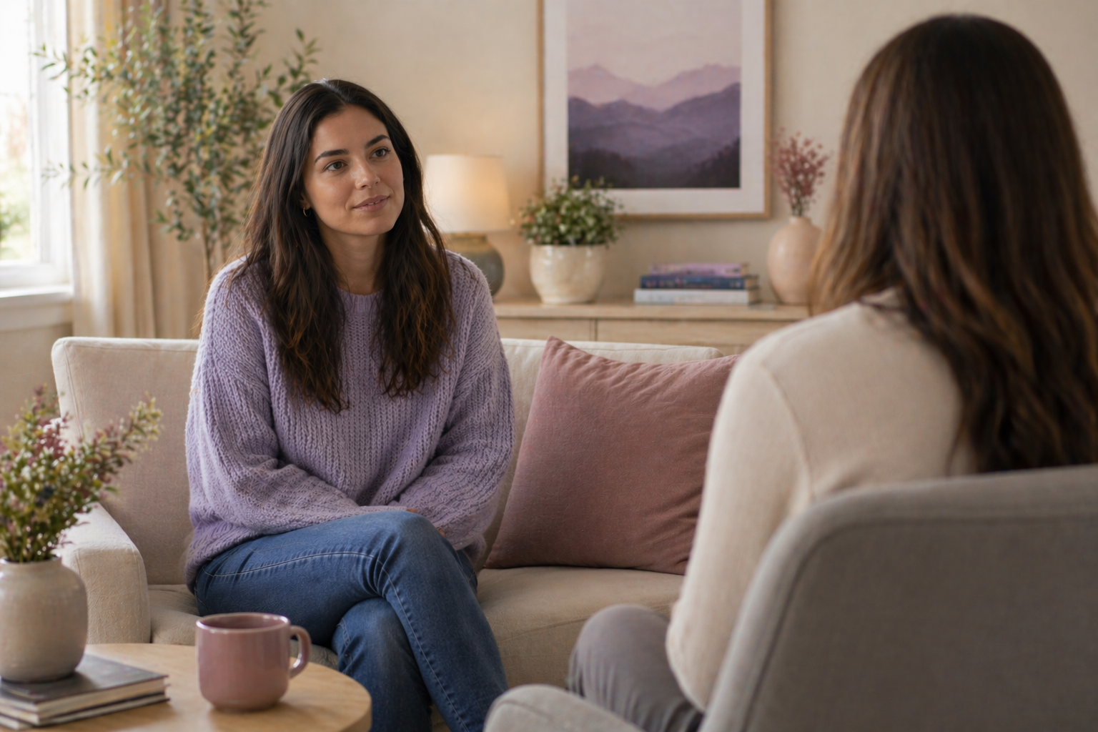Two women sit in a cozy living room, having a serious conversation. One woman has long, dark, wavy hair and wears a lavender sweater, while the other has shoulder-length brown hair and wears a beige sweater. They are seated on sofas, with a wooden table in front of them holding a pink mug and some books. The room has plants, framed artwork, and warm lighting.