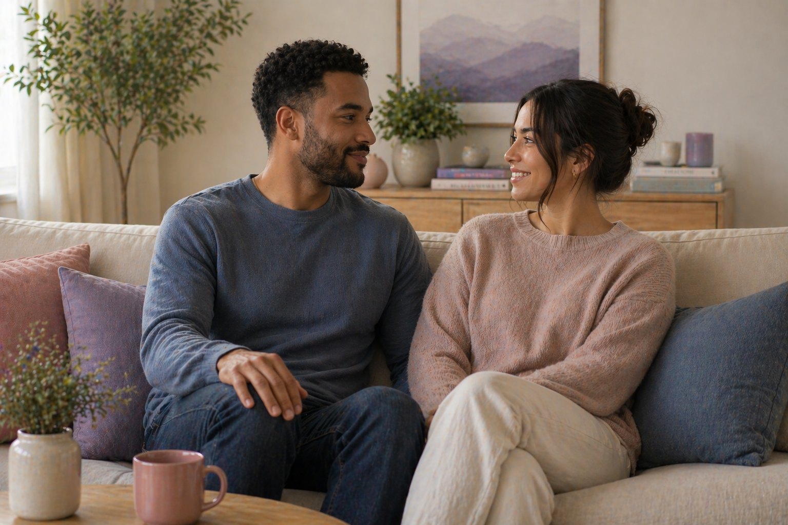 A couple sharing a moment on a sofa in a cozy living room.