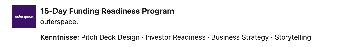 Screenshot of a webpage from Outerspace advertising a 15-Day Funding Readiness Program with information on pitch deck design, investor readiness, business strategy, and storytelling.