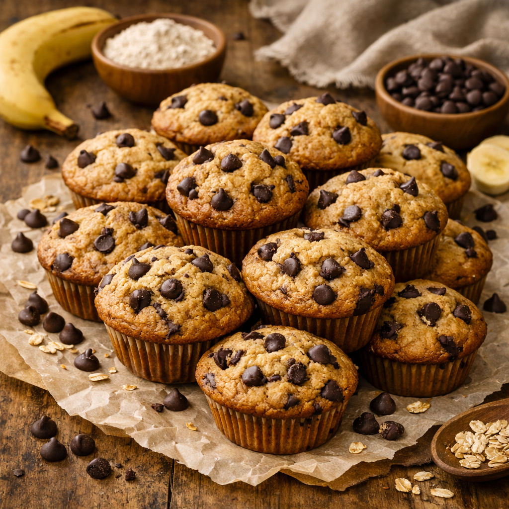 A plate of chocolate chip muffins on parchment paper with scattered chocolate chips and oats, set on a rustic wooden surface with a banana, bowls of oats and chocolate chips, and a cloth in the background.